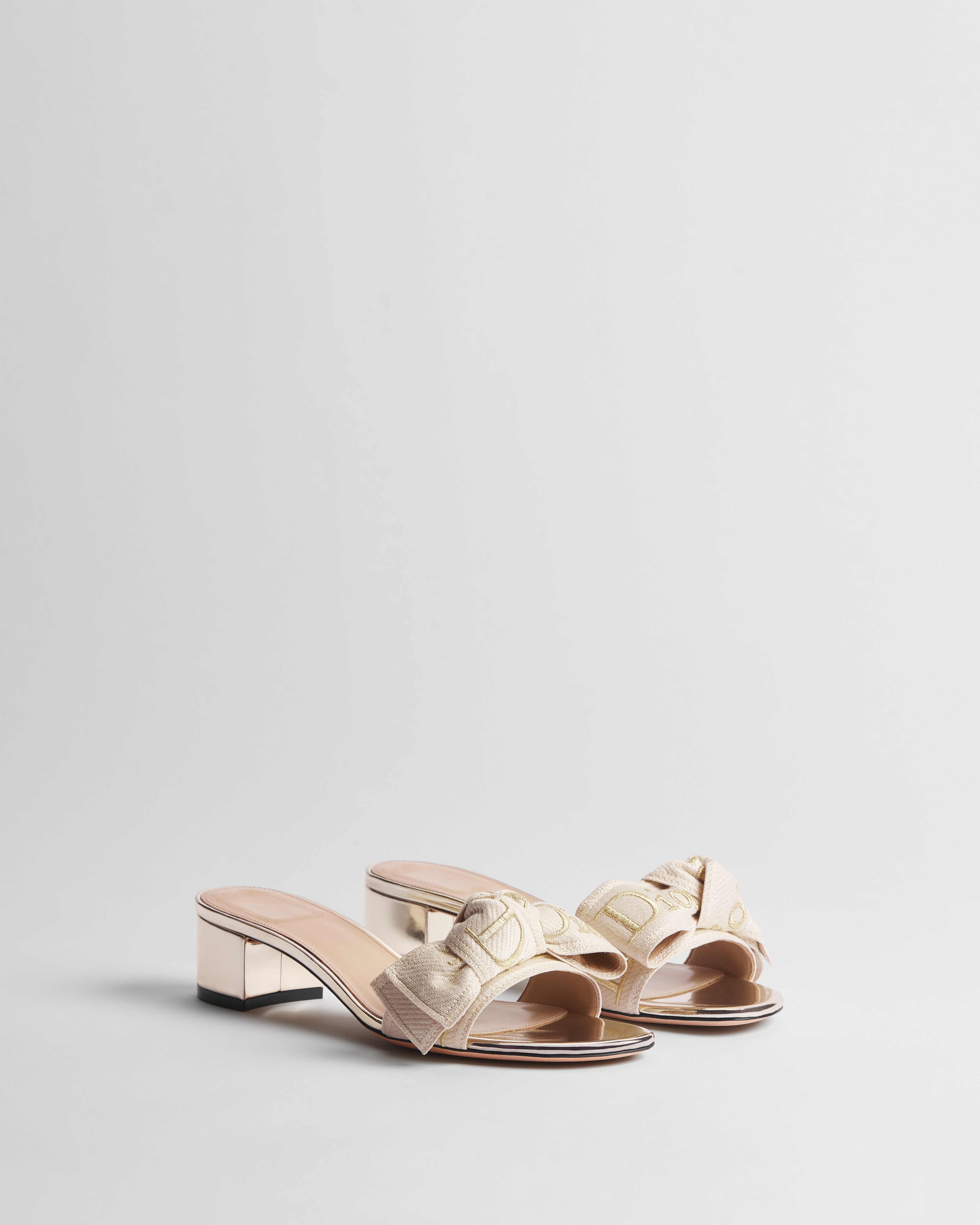 J'Adior Heeled Slide Ecru Embroidered Cotton with Gold-Tone and Ecru Metallic Thread E03