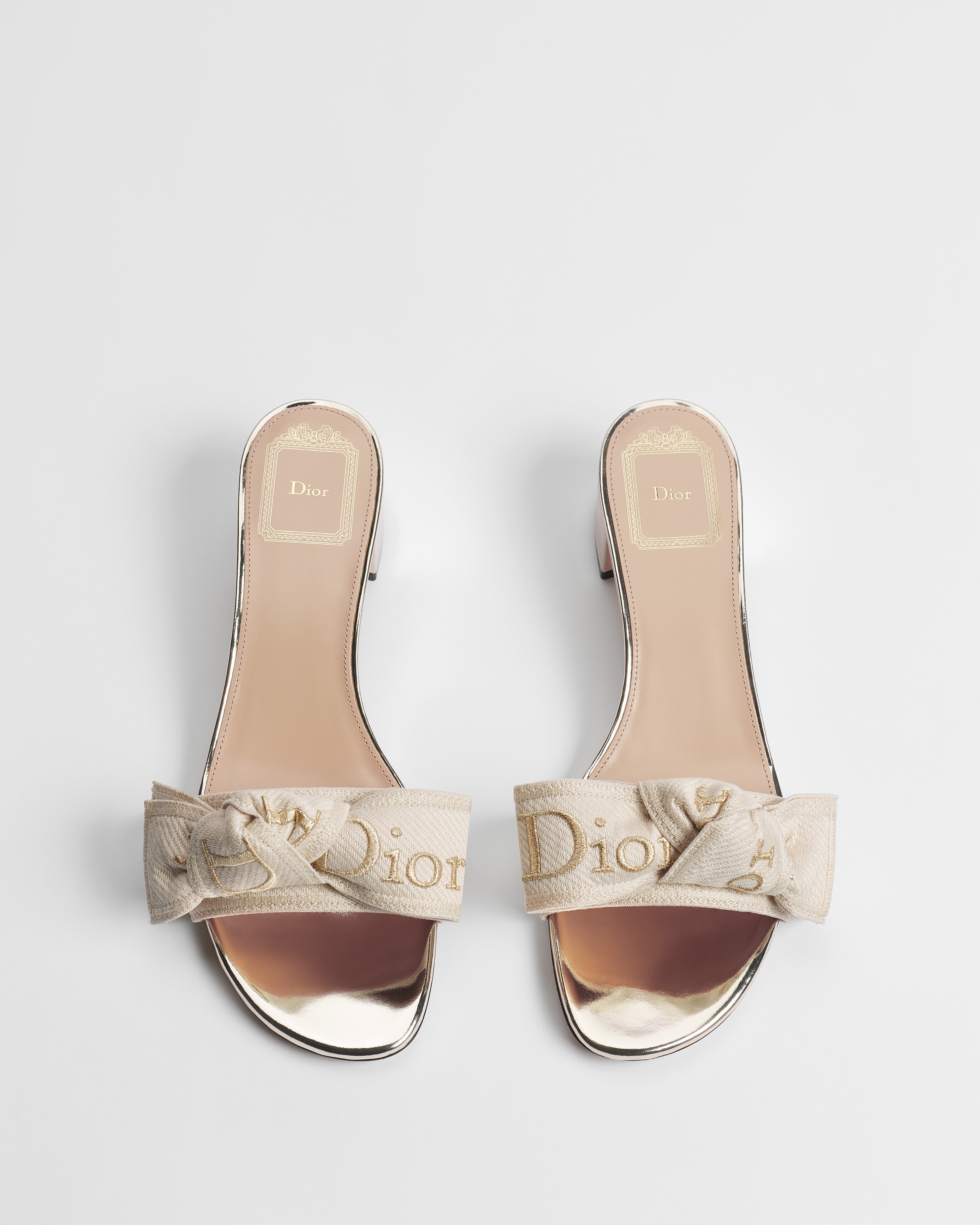 J'Adior Heeled Slide Ecru Embroidered Cotton with Gold-Tone and Ecru Metallic Thread E06