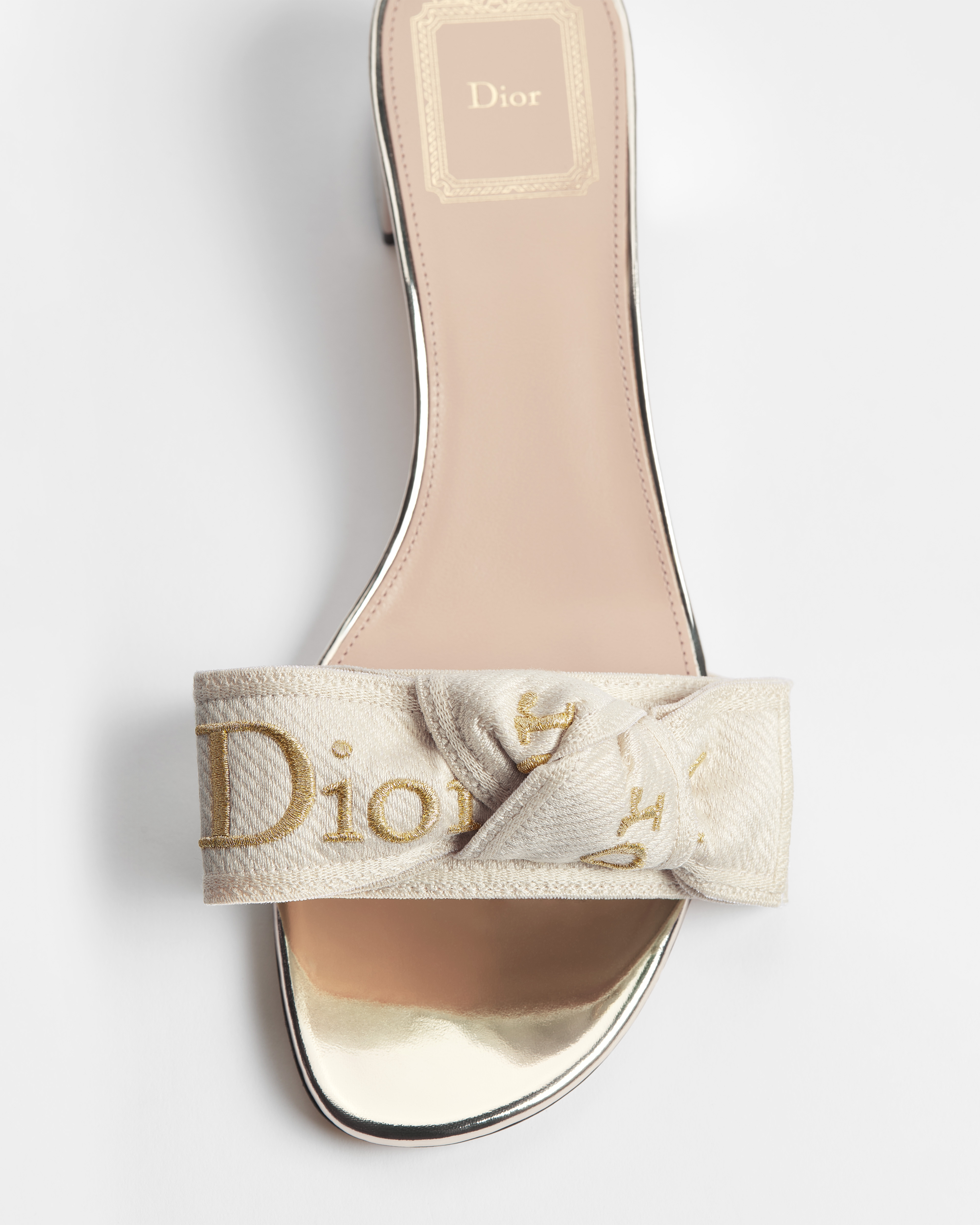 J'Adior Heeled Slide Ecru Embroidered Cotton with Gold-Tone and Ecru Metallic Thread E09