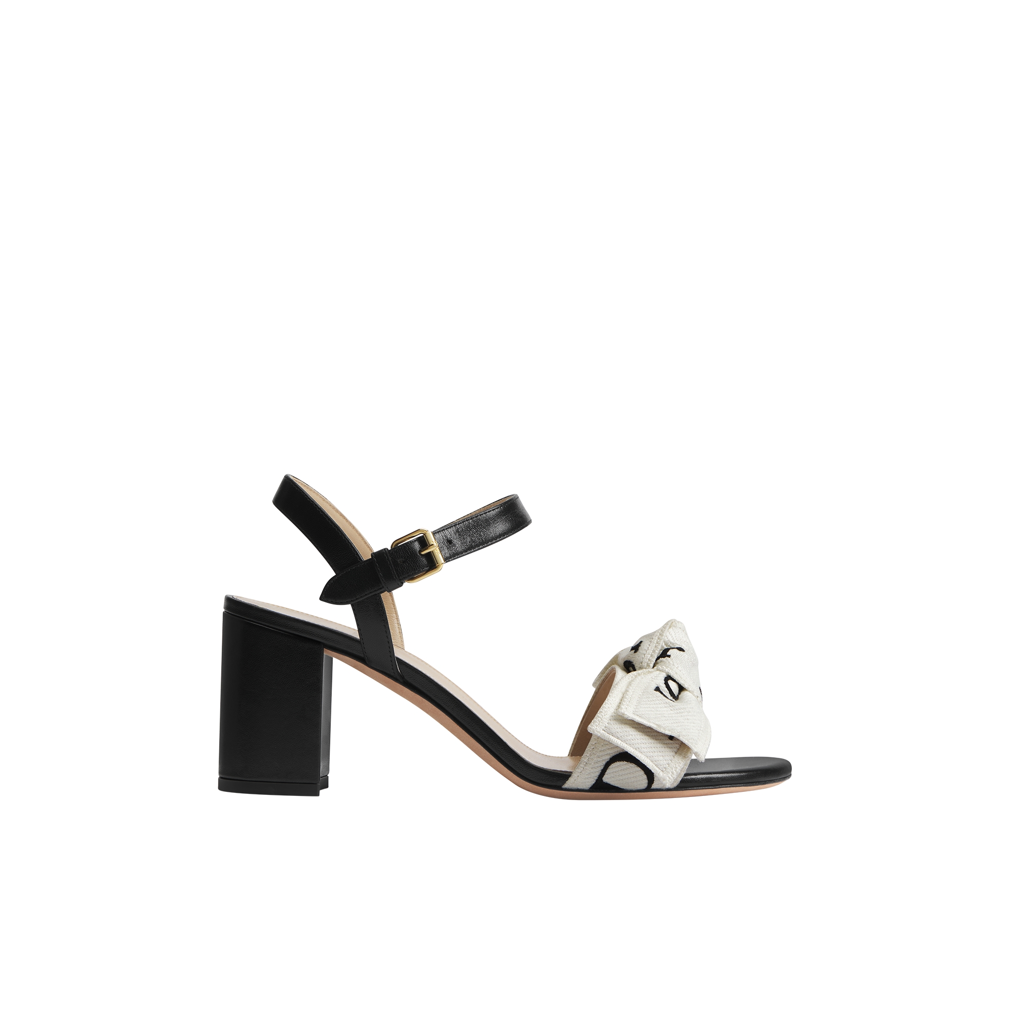 J'Adior Heeled Sandal Embroidered Cotton and Black Lambskin E02