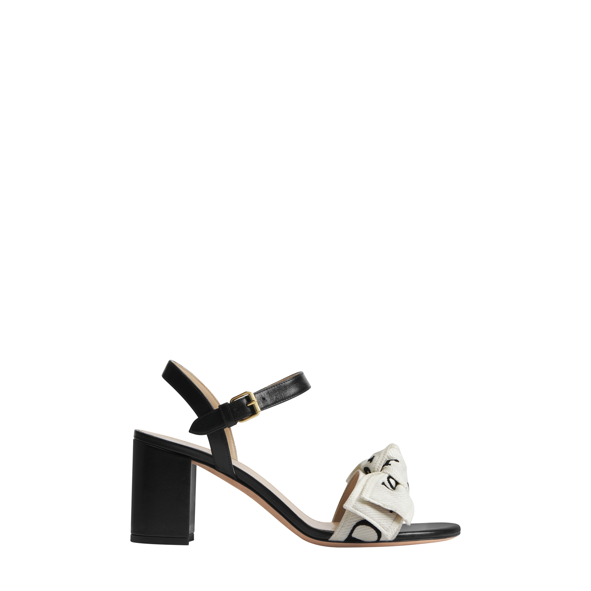 J'Adior Heeled Sandal Embroidered Cotton and Black Lambskin E02