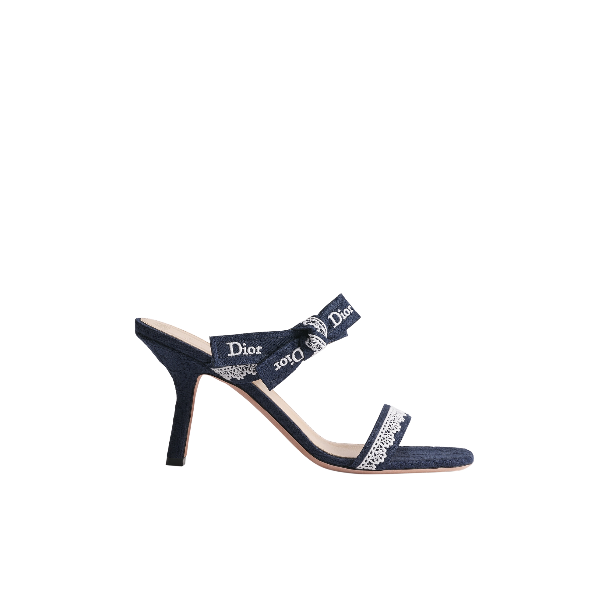 J'Adior Heeled Sandal with Straps Blue Dior Oblique Embroidered Cotton and White Lace E02