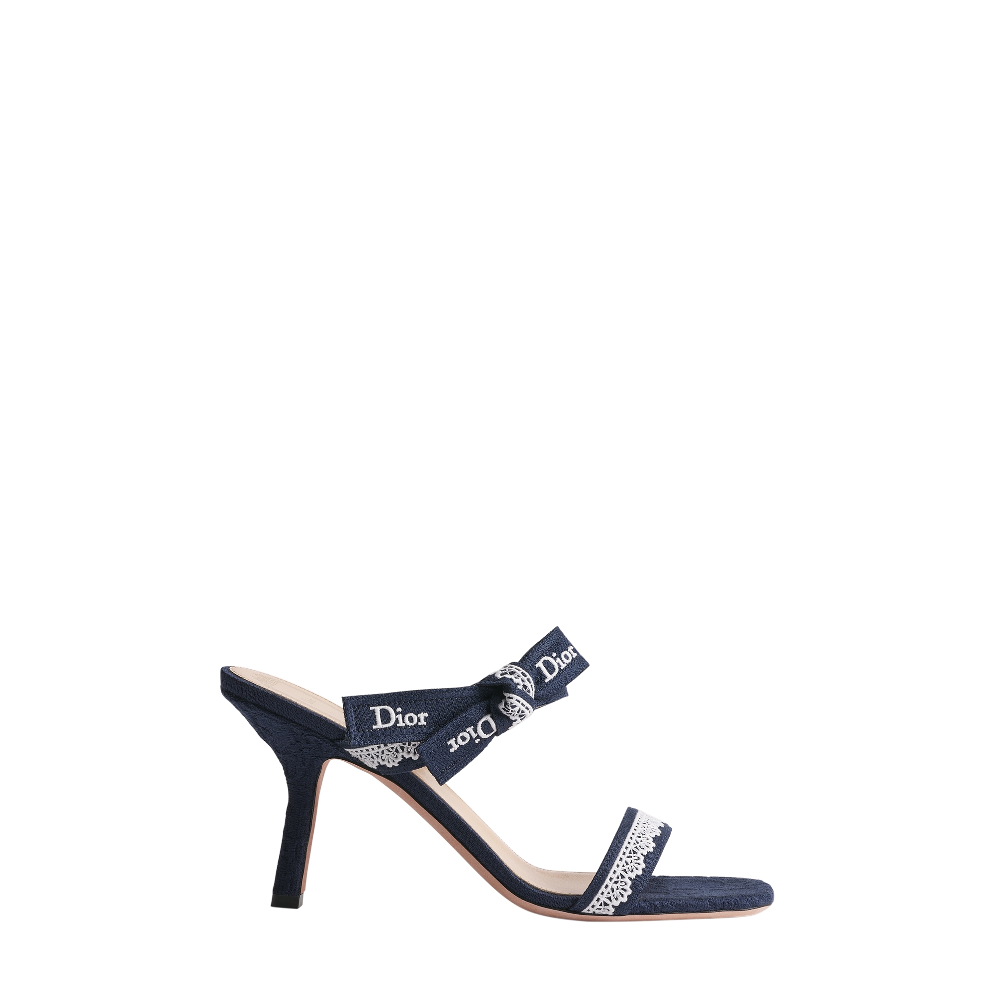 J'Adior Heeled Sandal with Straps Blue Dior Oblique Embroidered Cotton and White Lace E02