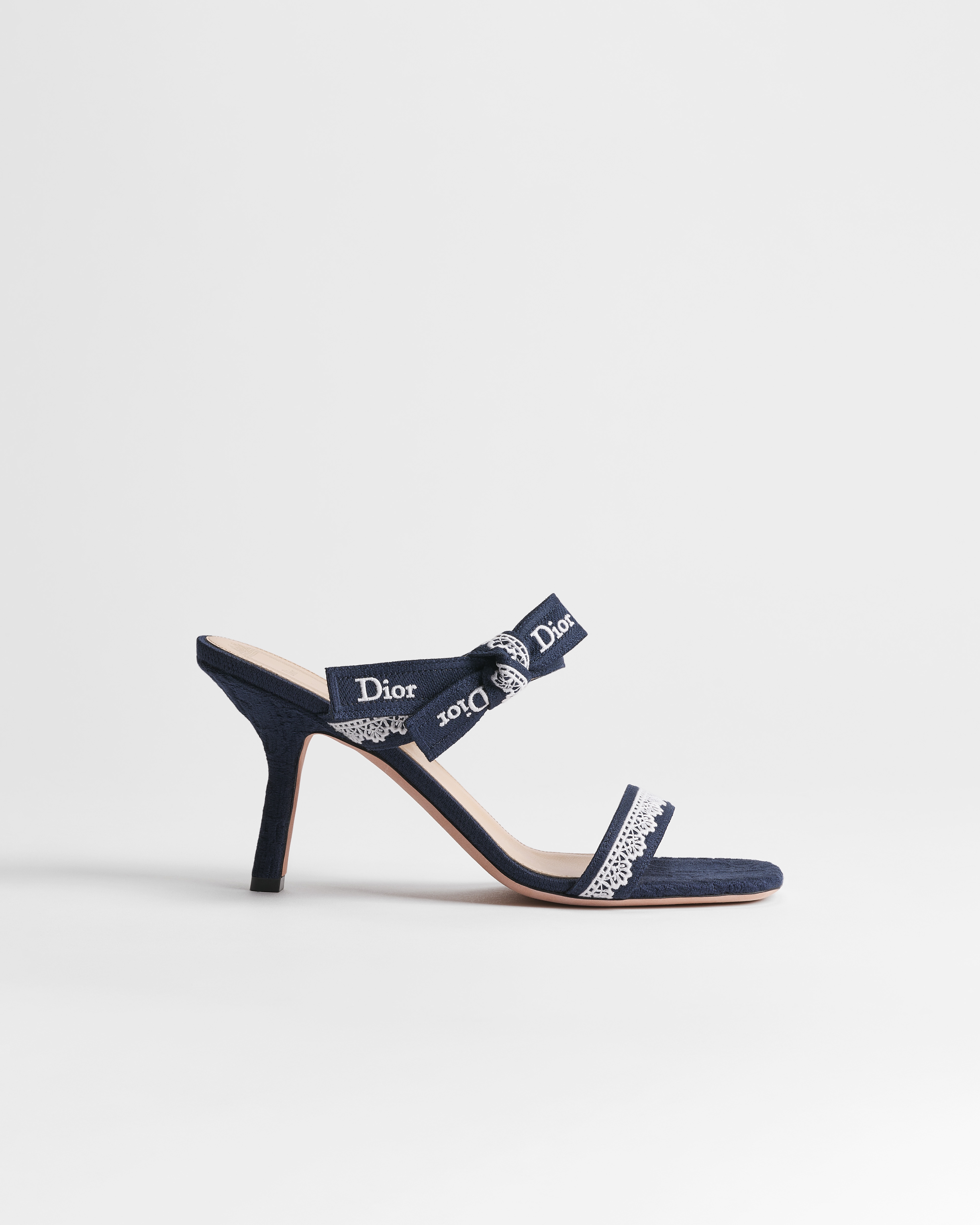 J'Adior Heeled Sandal with Straps Blue Dior Oblique Embroidered Cotton and White Lace E02
