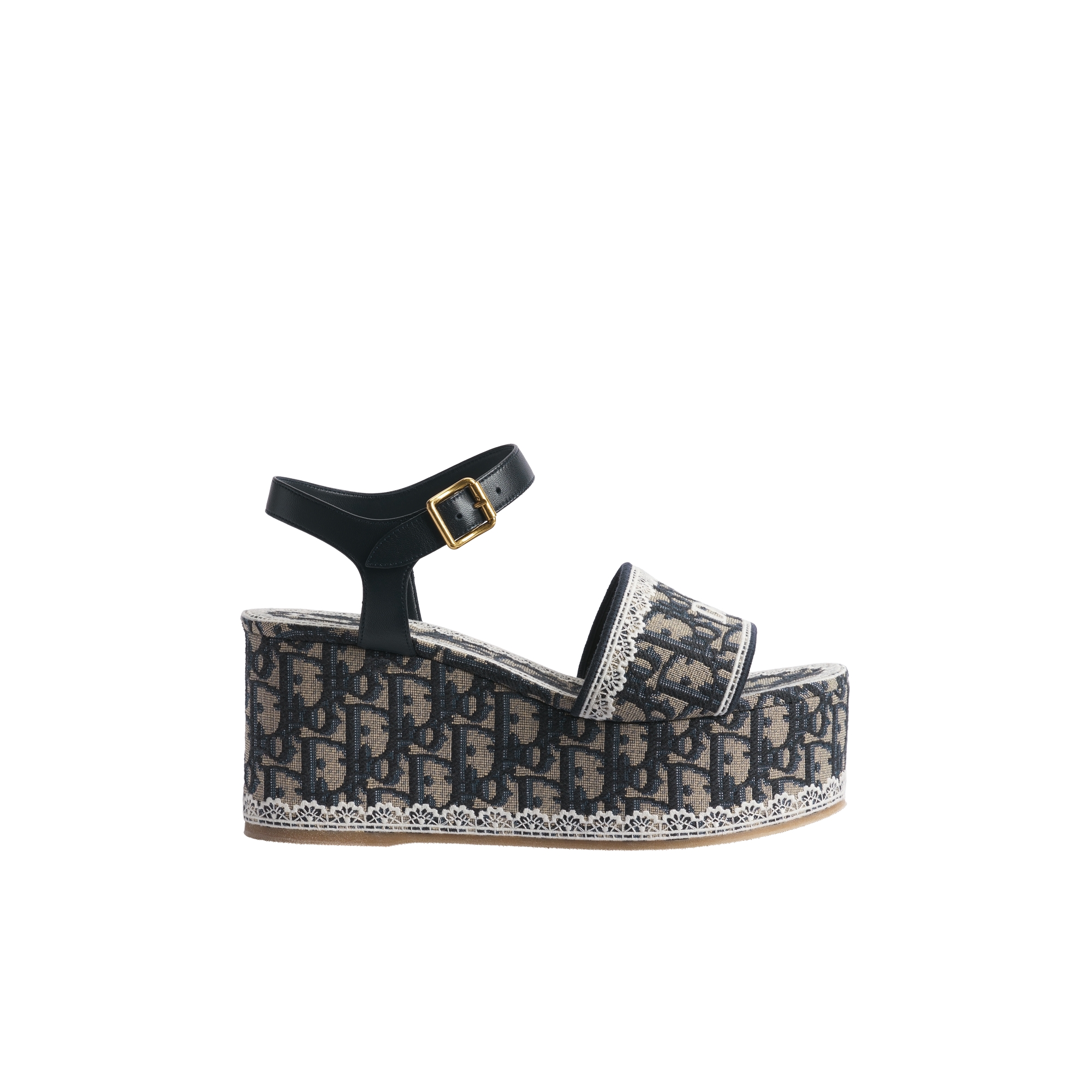 Dior Dentelle Wedge Sandal Blue Dior Oblique Embroidered Cotton and White Lace E02