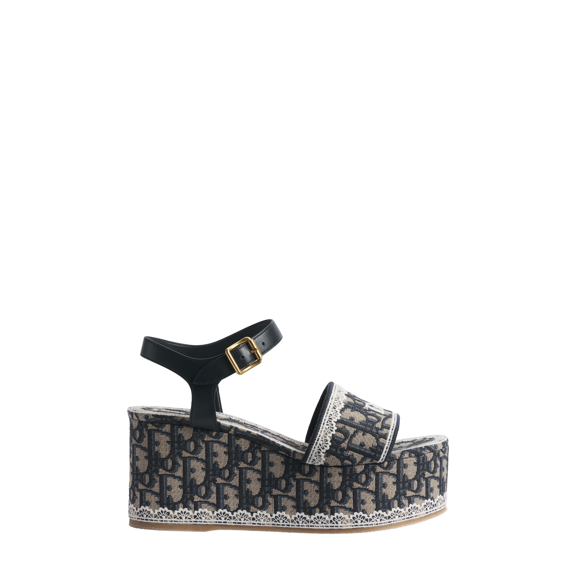 Dior Dentelle Wedge Sandal Blue Dior Oblique Embroidered Cotton and White Lace E02
