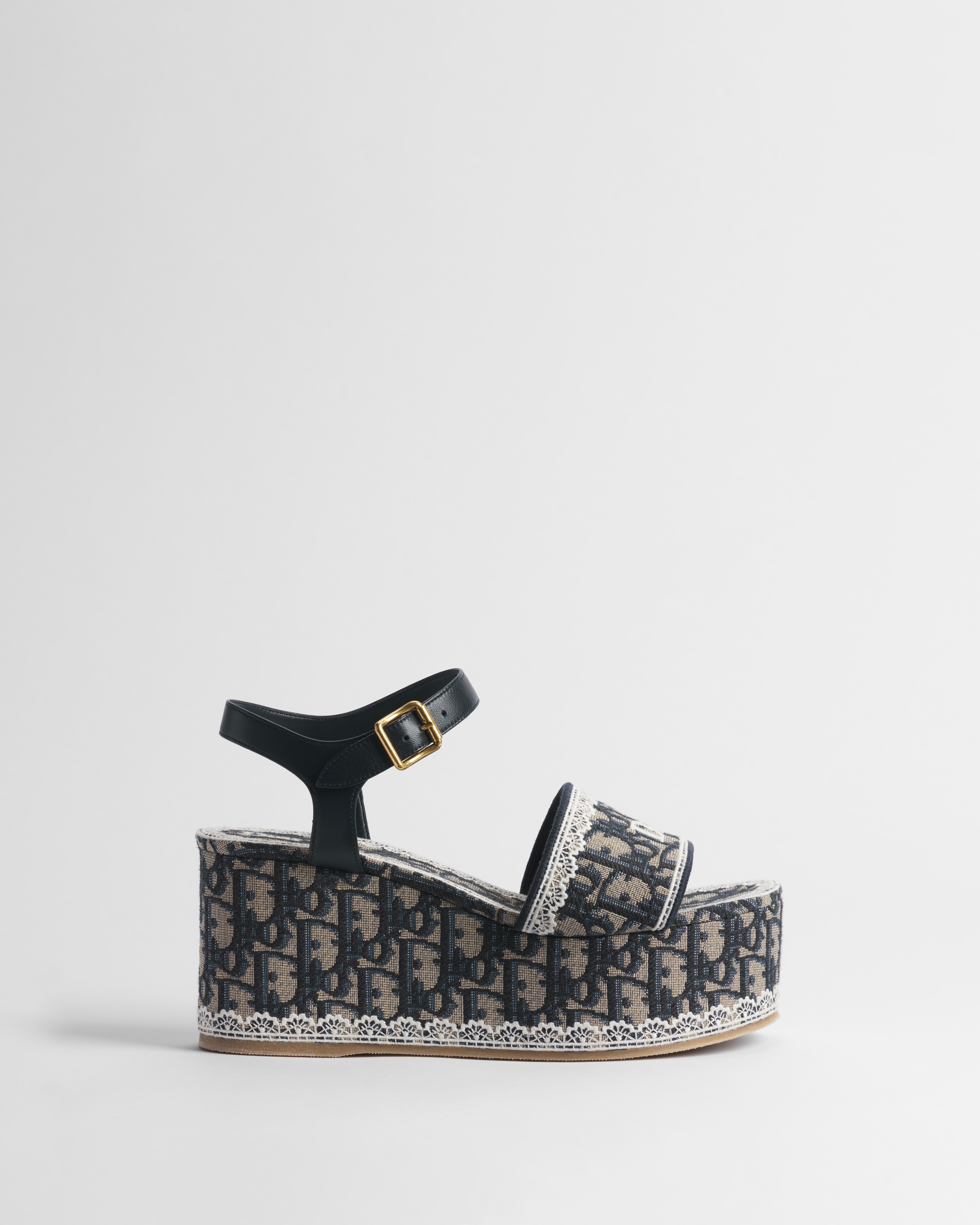 Dior Dentelle Wedge Sandal Blue Dior Oblique Embroidered Cotton and White Lace E02