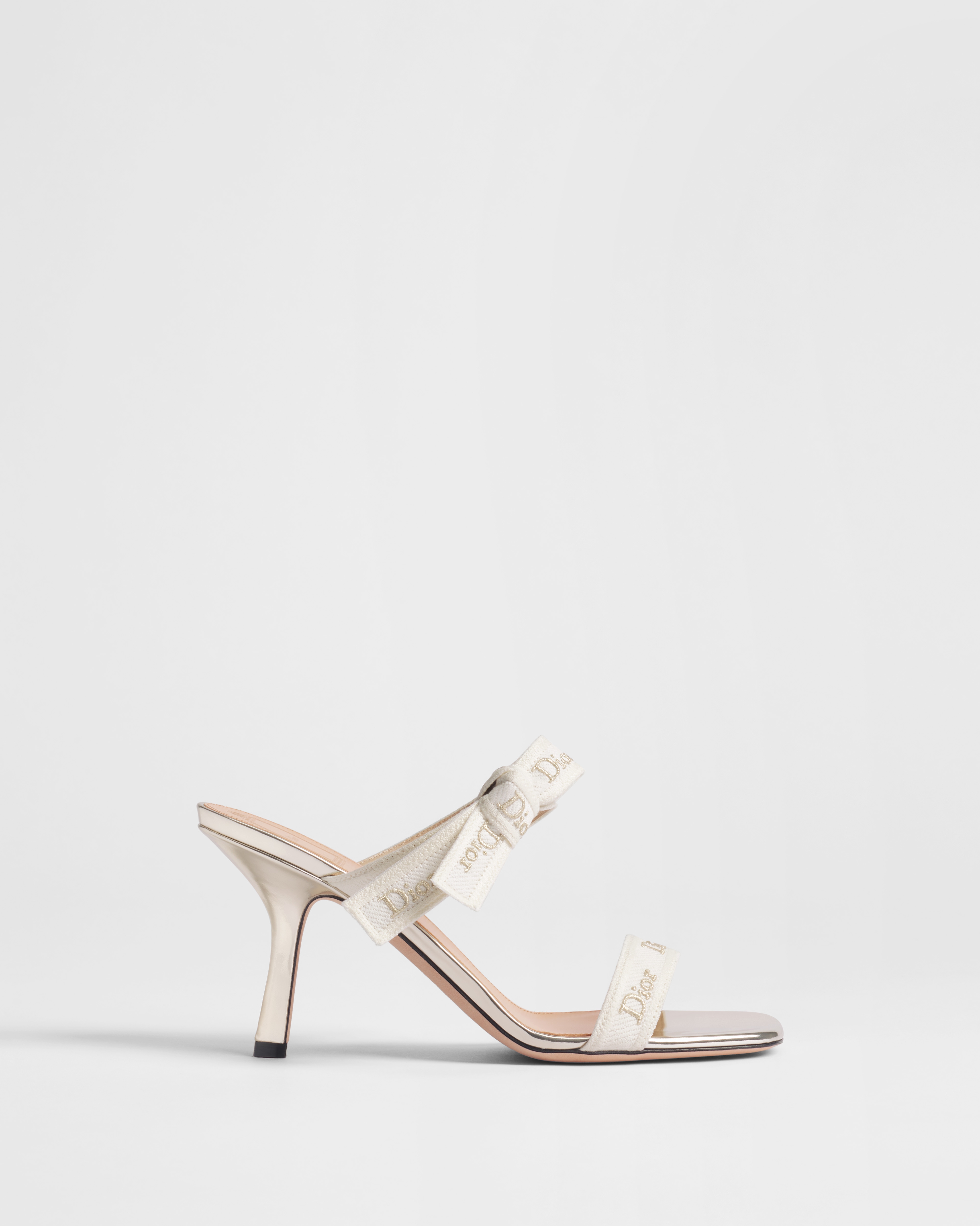 J'Adior Heeled Sandal with Straps Ecru Embroidered Cotton with Gold-Tone and Ecru Metallic Thread E02