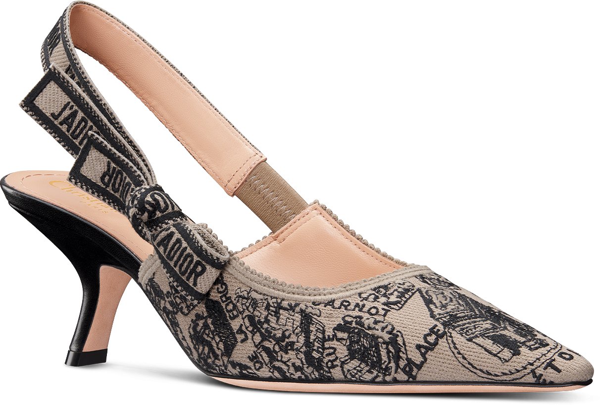 J Adior Slingback Pump Beige and Black Cotton Embroidered with Plan de Paris Motif DIOR