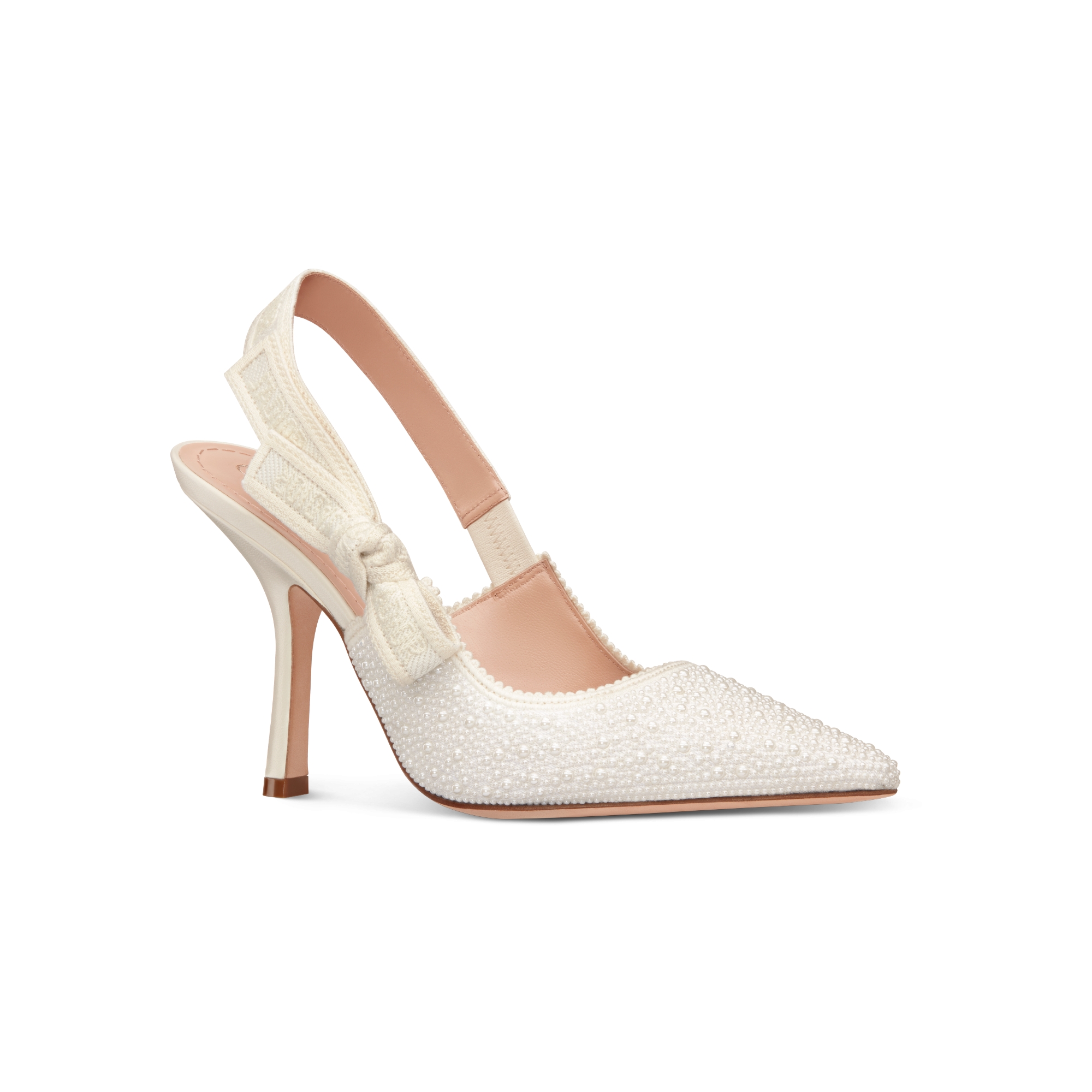 รองเท้าส้นสูงเปิดส้นแบบมีสายรัดด้านหลัง J'Adior ผ้าฝ้ายปักลายและไข่มุกเรซินสีขาว E03