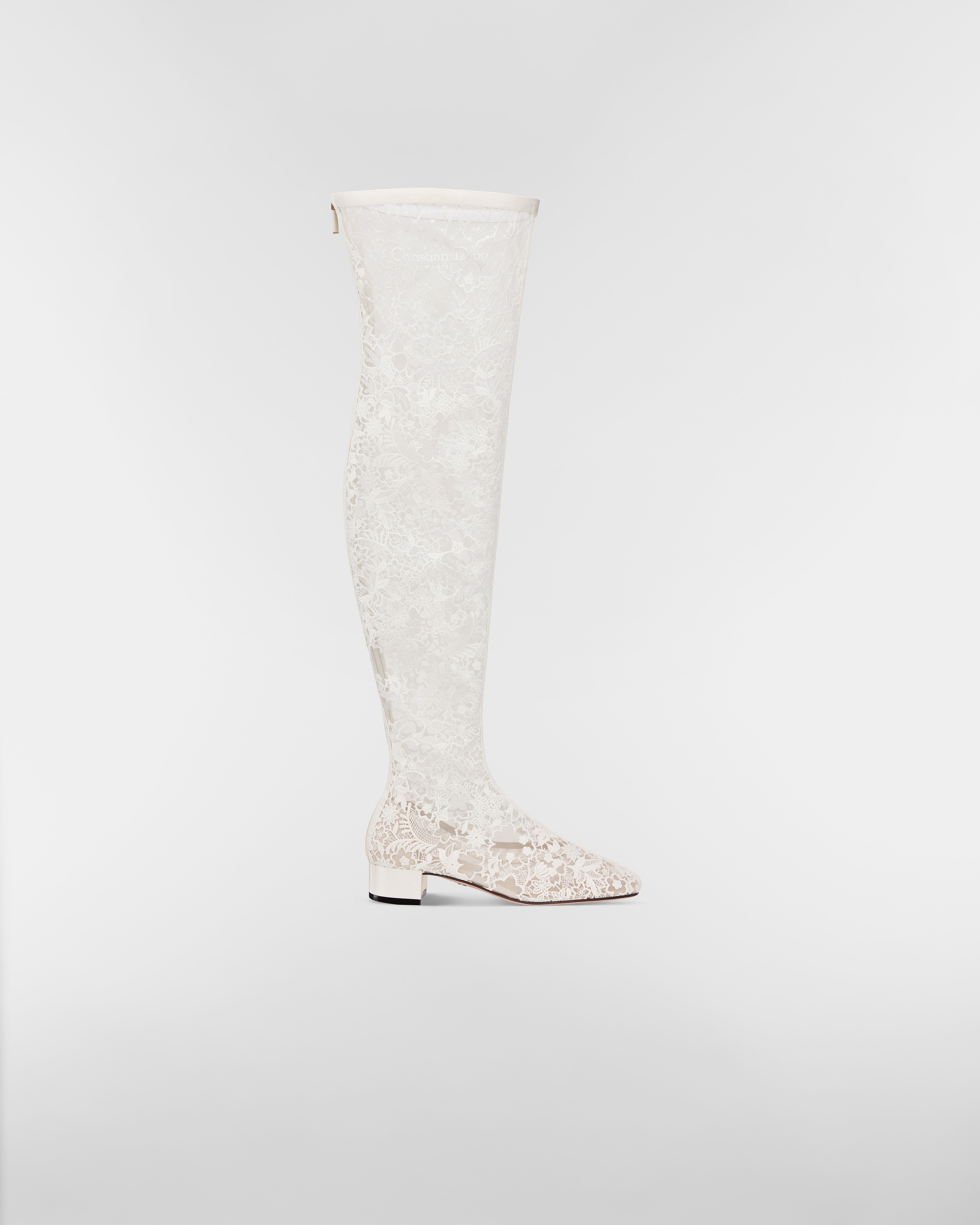 Naughtily-D Heeled Thigh Boot Transparent Mesh Embroidered with White Millefiori Motif E02
