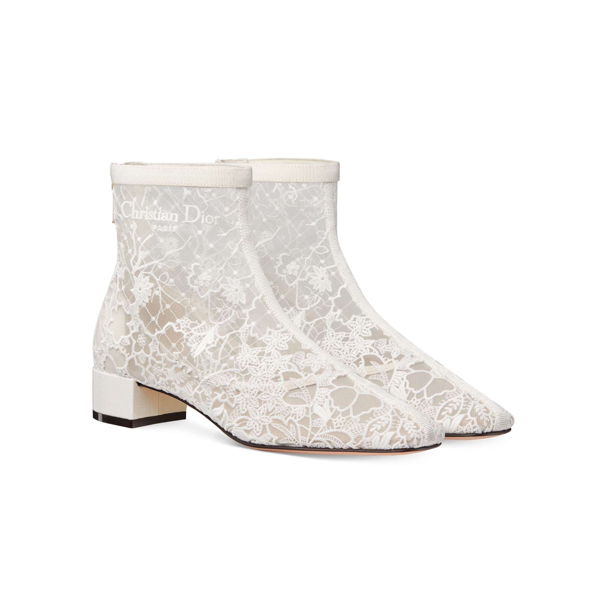 Naughtily-D Heeled Ankle Boot Transparent Mesh Embroidered with White Millefiori Motif E03