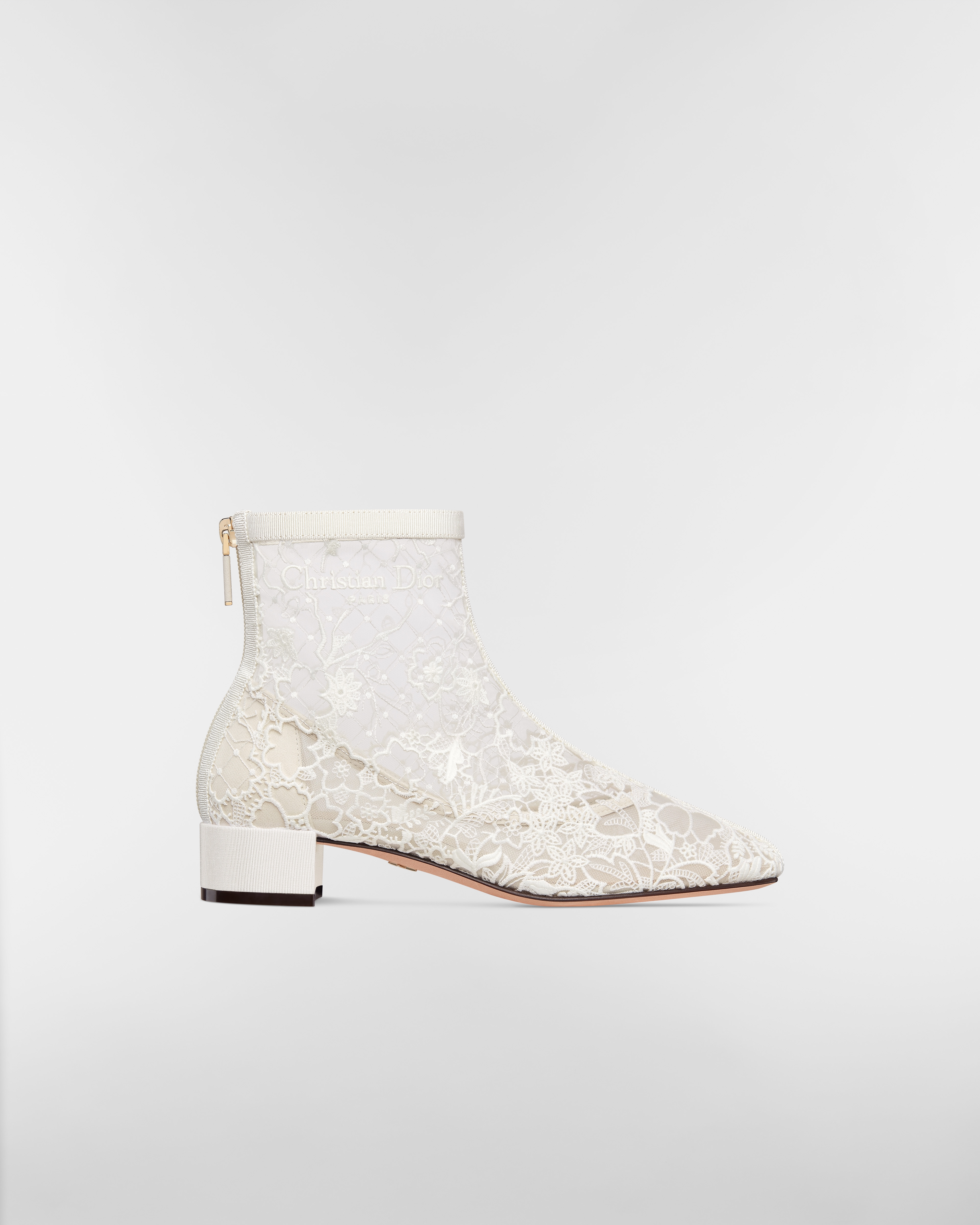 Naughtily-D Heeled Ankle Boot Transparent Mesh Embroidered with White Millefiori Motif E02