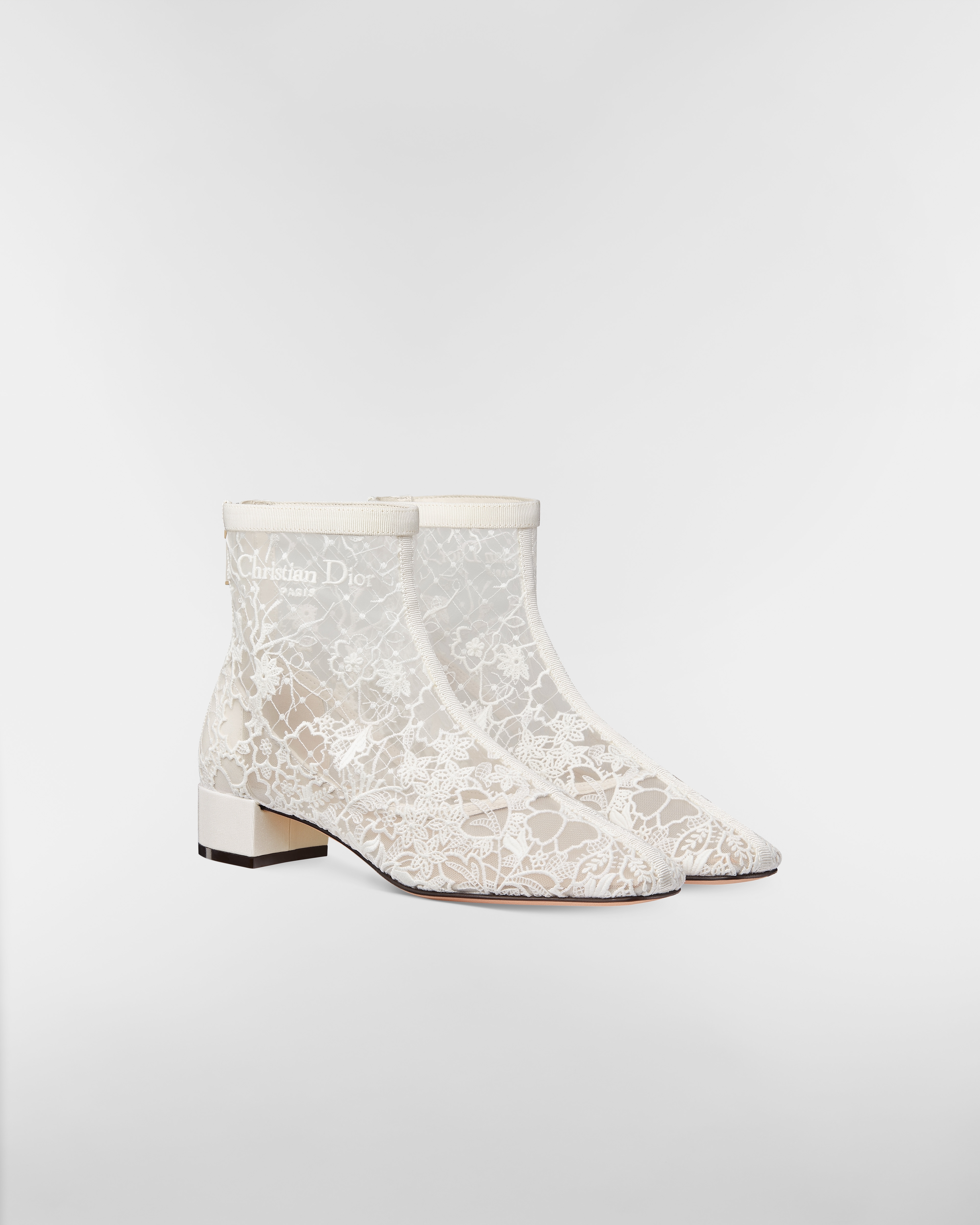 Naughtily-D Heeled Ankle Boot Transparent Mesh Embroidered with White Millefiori Motif E03