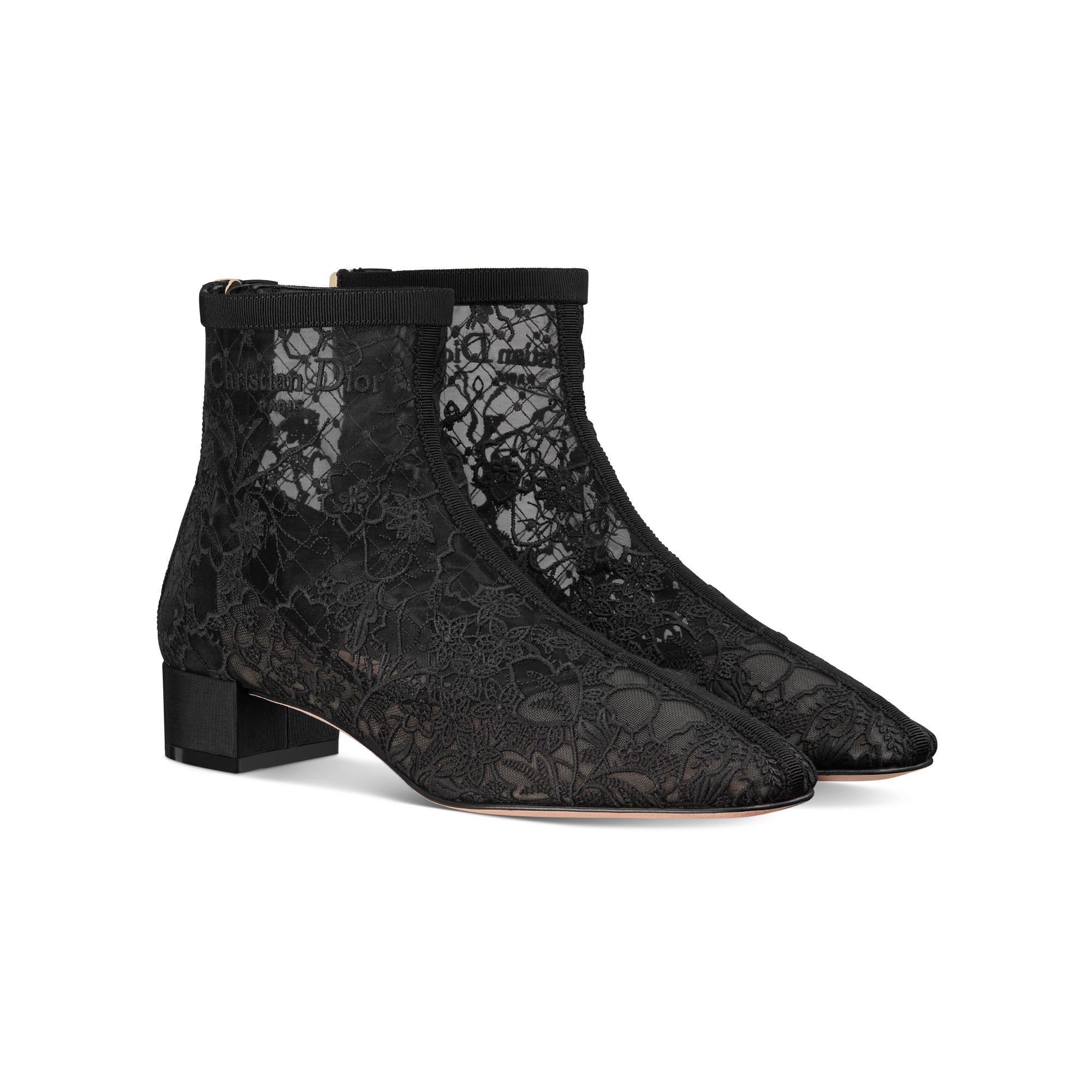 Naughtily-D Heeled Ankle Boot Transparent Mesh Embroidered with Black Millefiori Motif E03