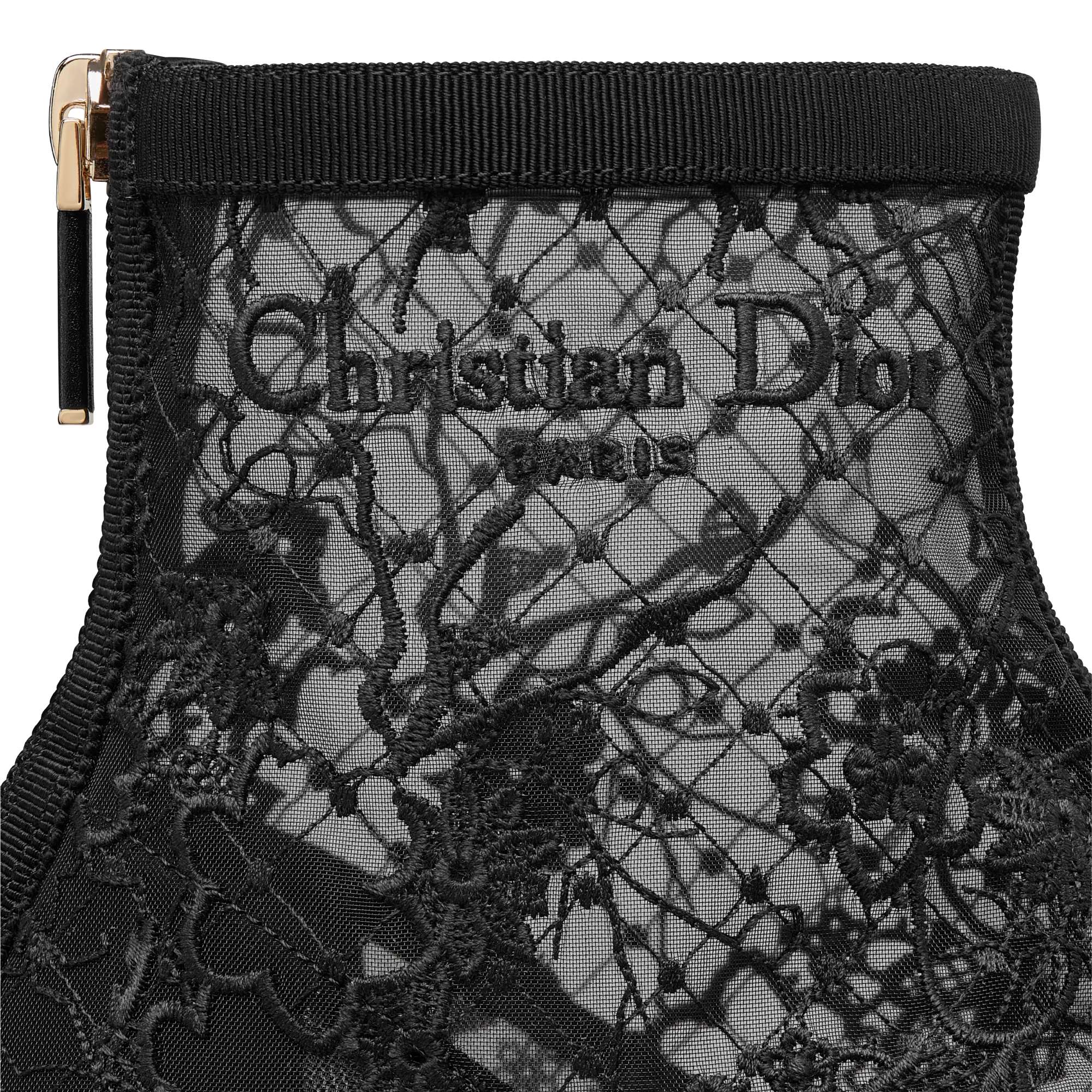 Naughtily-D Heeled Ankle Boot Transparent Mesh Embroidered with Black Millefiori Motif E09