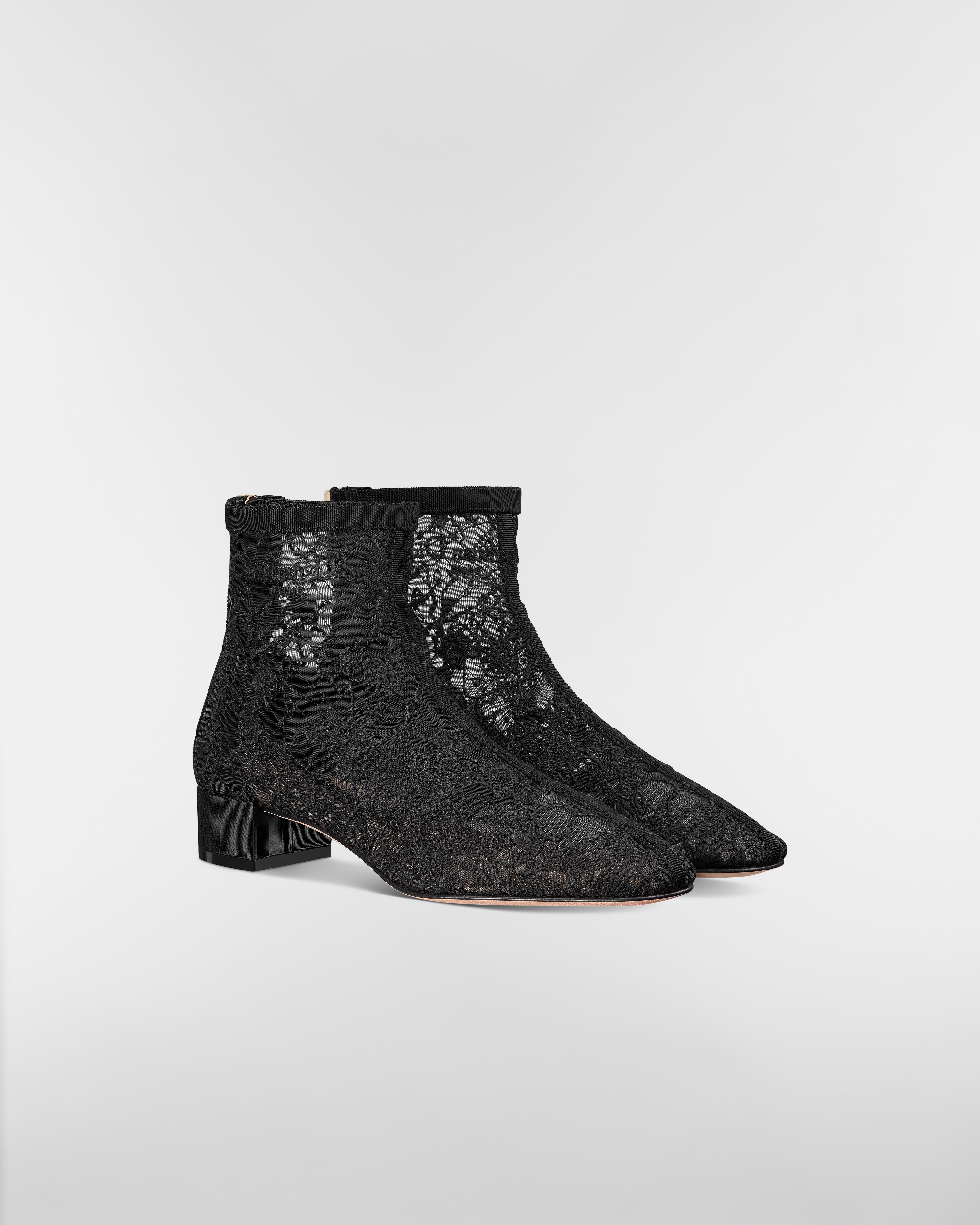 Naughtily-D Heeled Ankle Boot Transparent Mesh Embroidered with Black Millefiori Motif E03