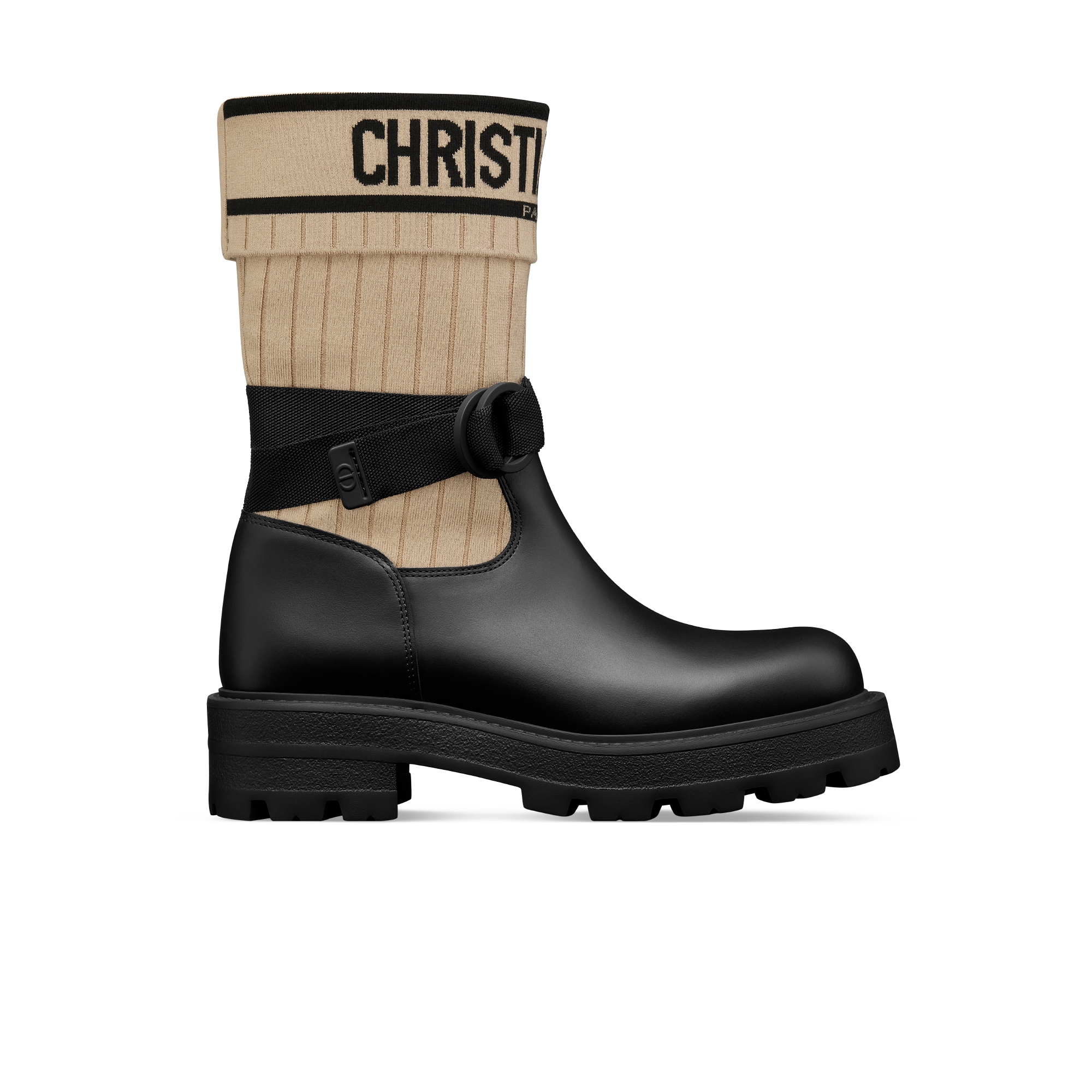 D-Major Ankle Boot Black Calfskin with Beige and Black Technical Knit E02