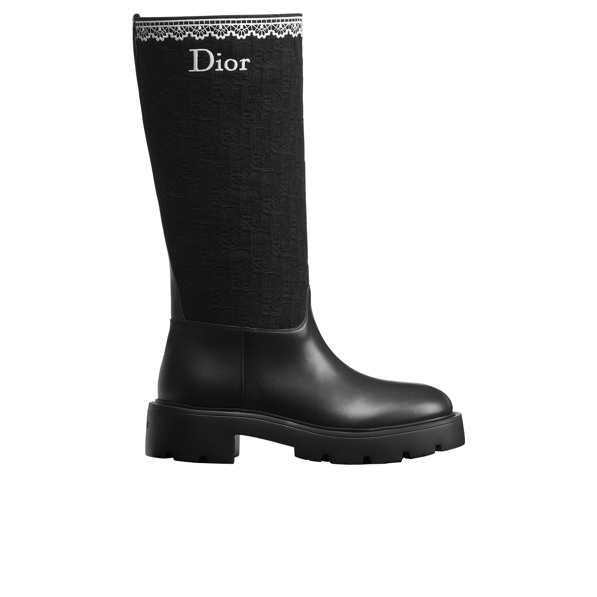 Dior Dentelle Boot Black Calfskin, Black Dior Oblique Embroidered Cotton and White Lace E02