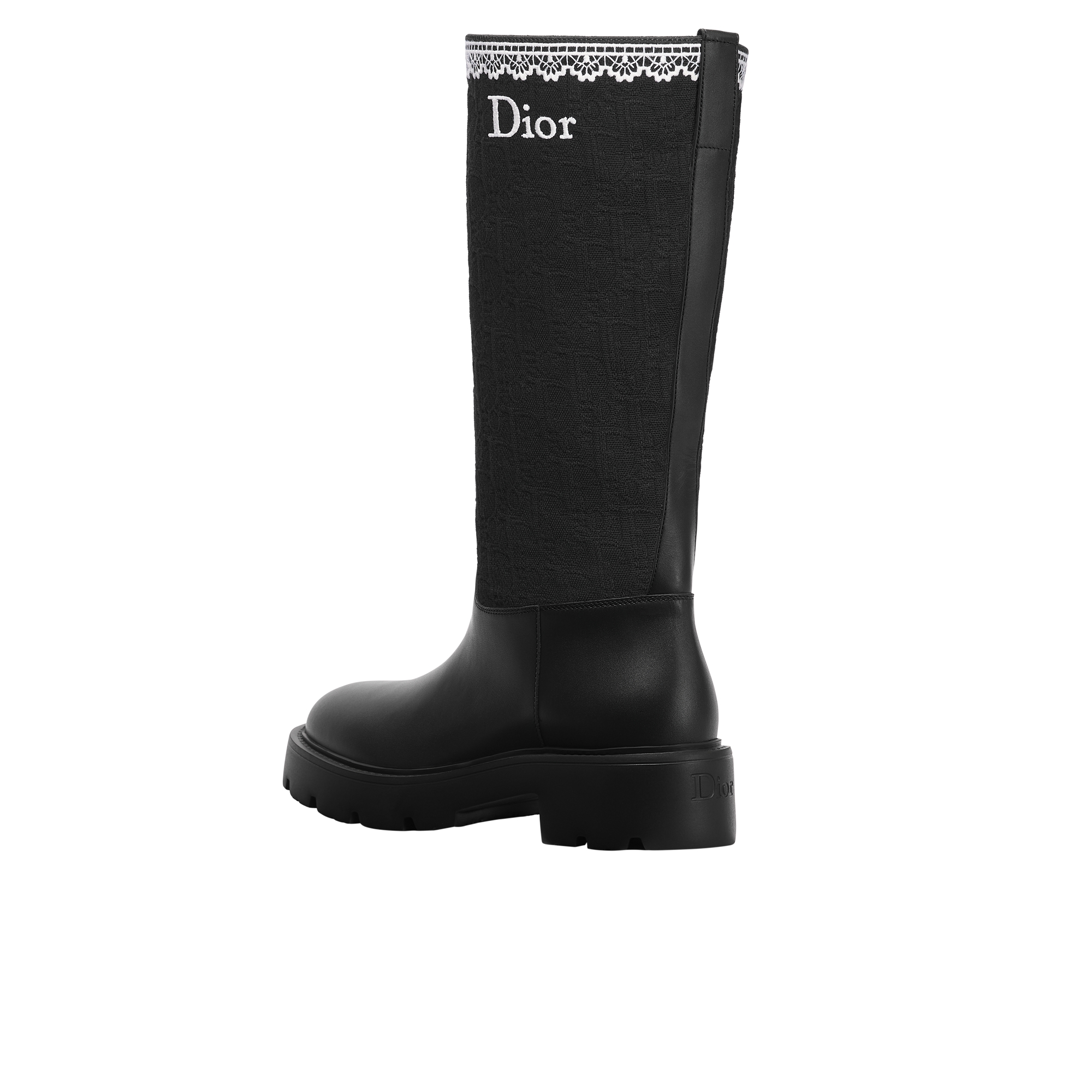 Dior Dentelle Boot Black Calfskin, Black Dior Oblique Embroidered Cotton and White Lace E05