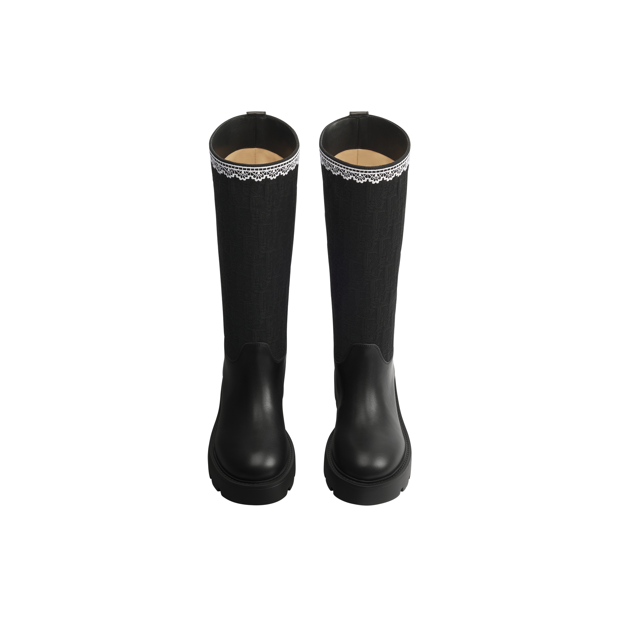 Dior Dentelle Boot Black Calfskin, Black Dior Oblique Embroidered Cotton and White Lace E06