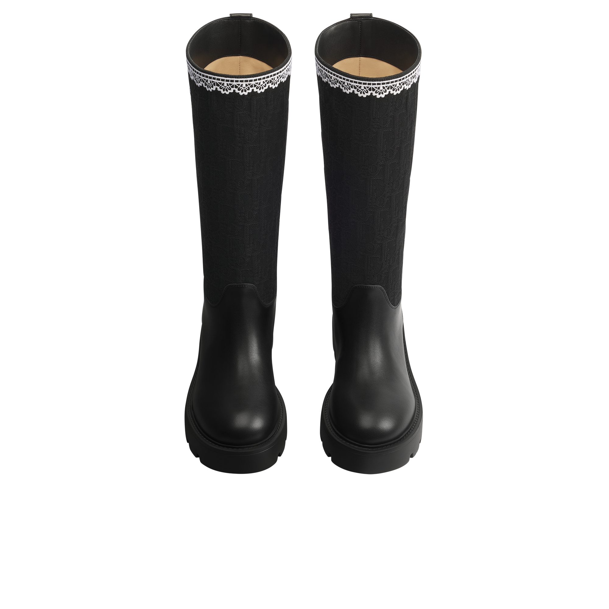 Dior Dentelle Boot Black Calfskin, Black Dior Oblique Embroidered Cotton and White Lace E06