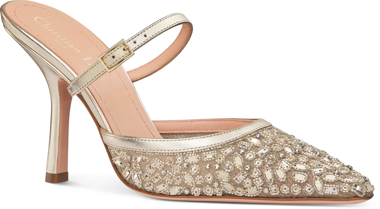 Dior Or Dior Capture Heeled Mule Gold-Tone Laminated Lambskin and  Transparent Mesh Embroidered with Micro-Mirrors and Pearls | DIOR