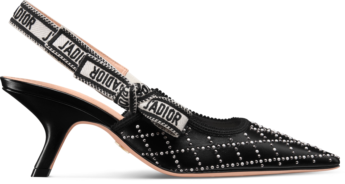 J Adior Slingback Pump Black Calfskin with Silver Finish Studs and White Resin Pearls DIOR