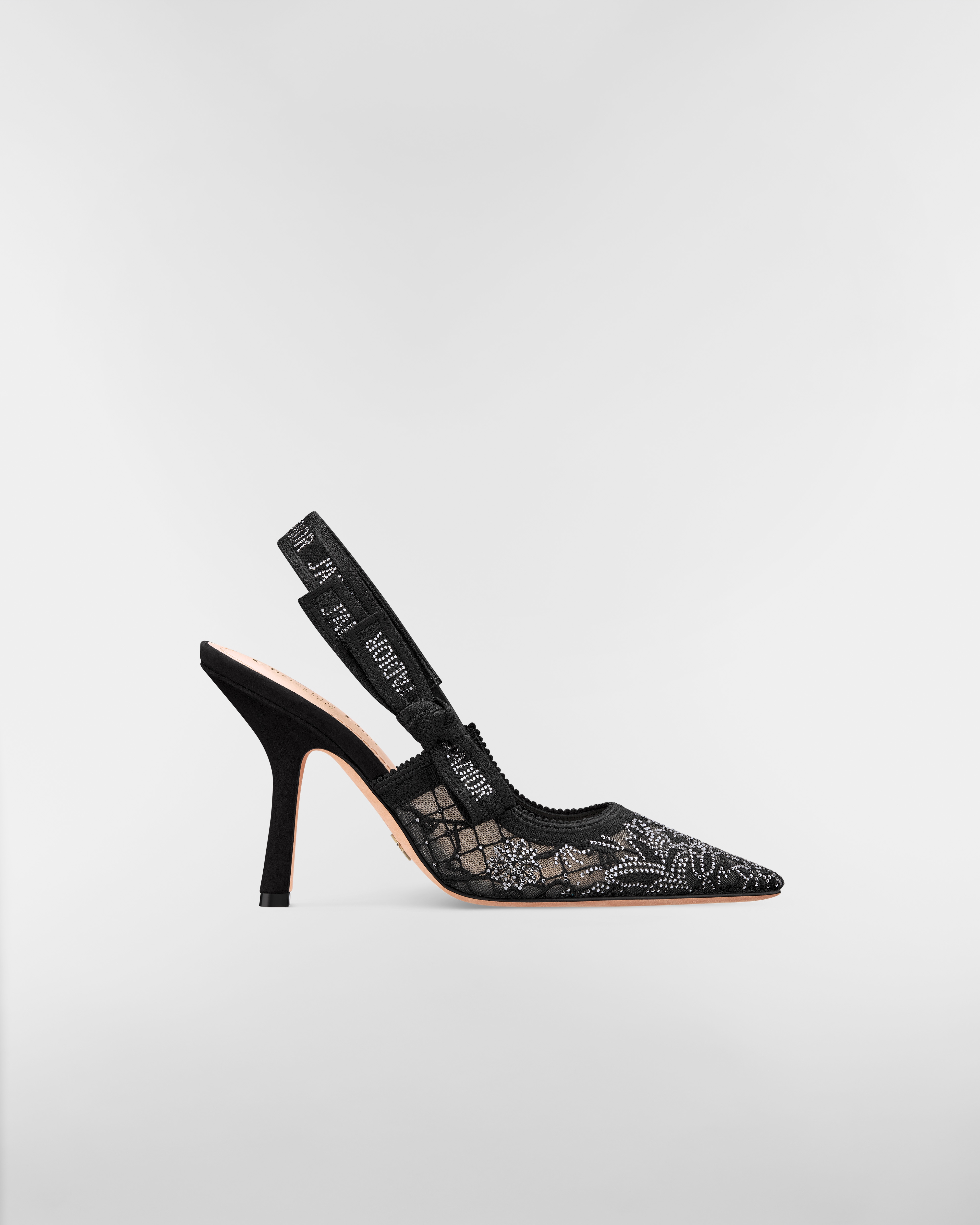 J'Adior Slingback Pump Transparent Mesh Embroidered with Black Millefiori Motif and Silver-Tone Strass E02