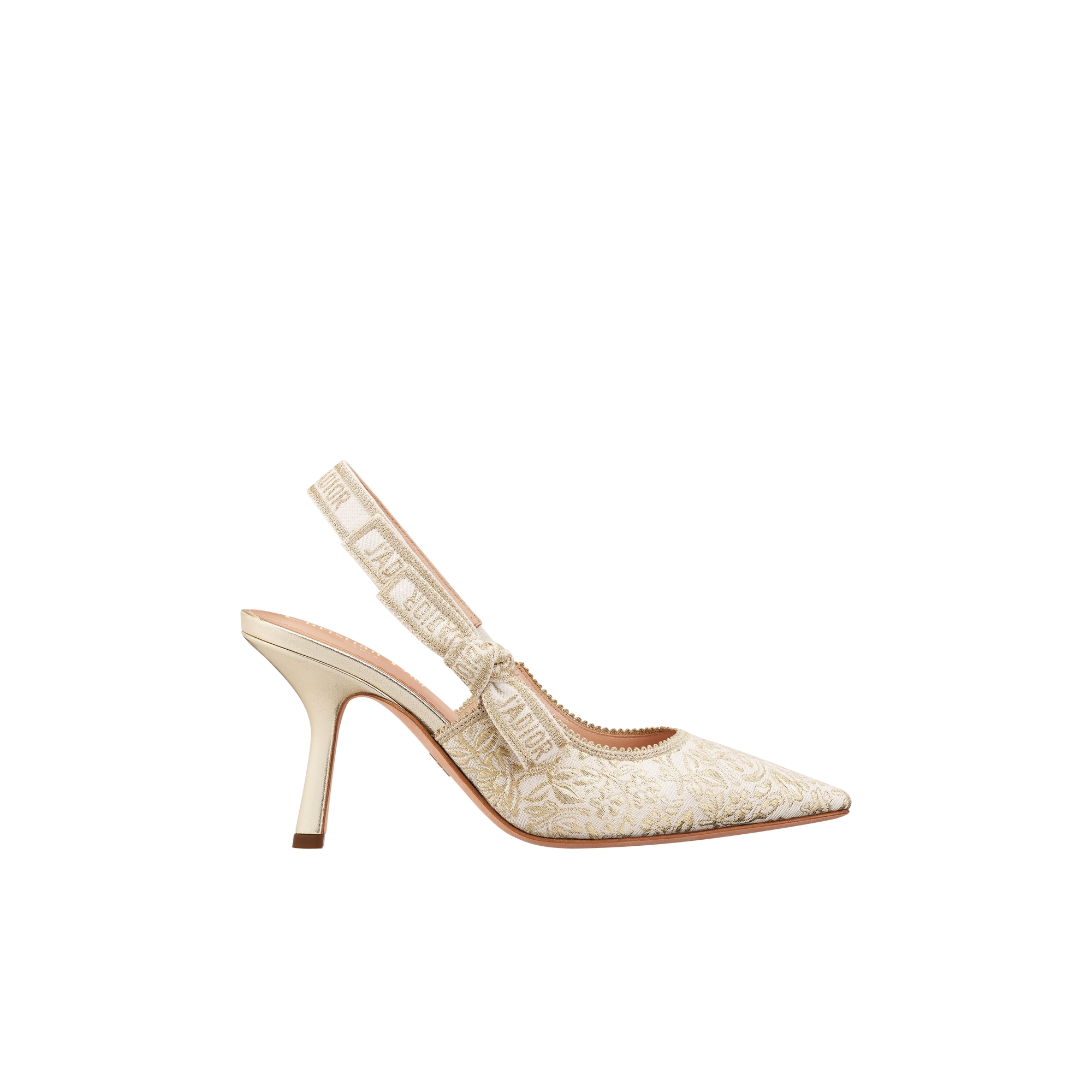 J'Adior Slingback Pump White Cotton Embroidered with Millefiori Motif in Gold-Tone Metallic Thread E02