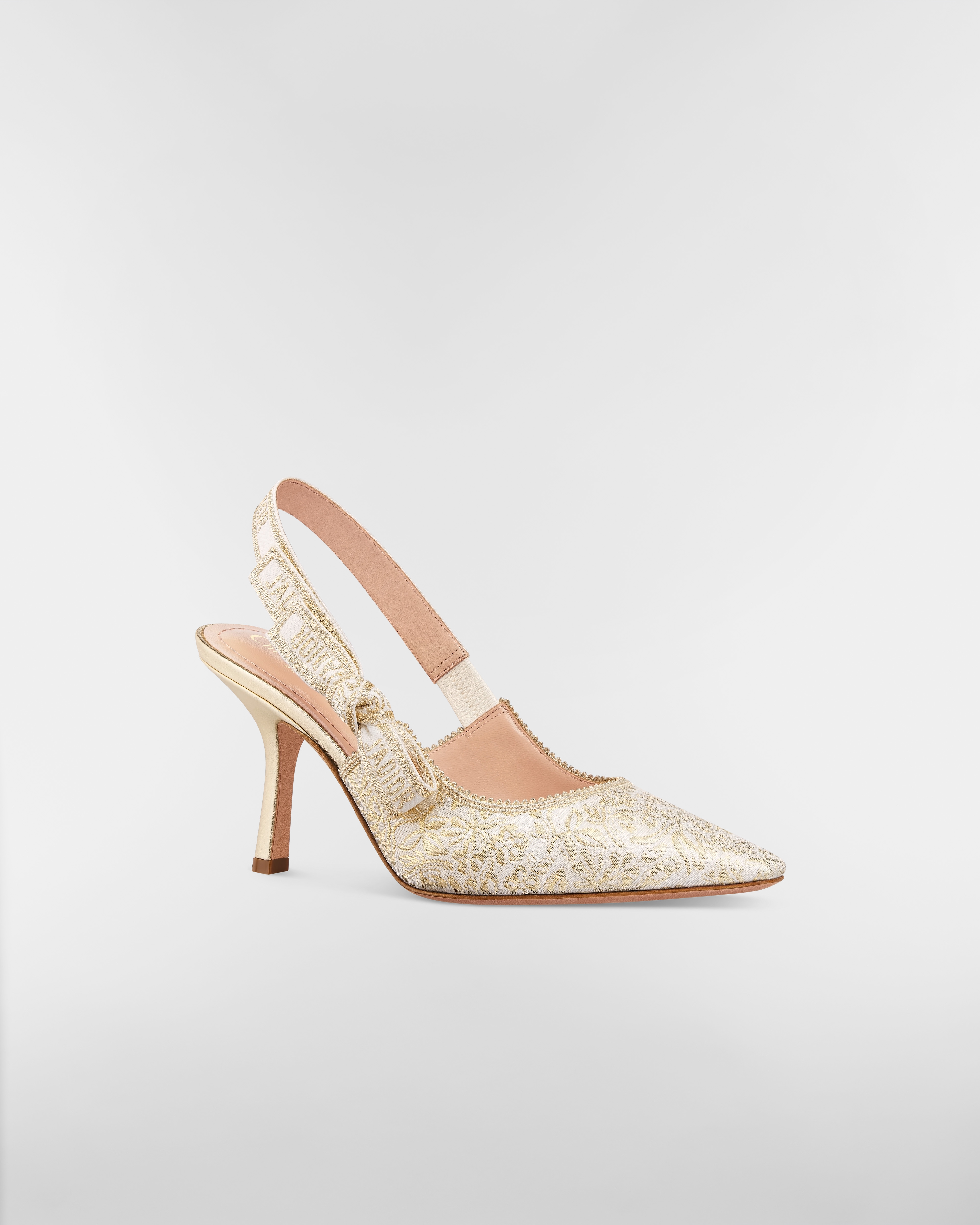 J'Adior 슬링백 펌프스 화이트 코튼 & 골드 톤 메탈릭 스레드 Millefiori 모티브 자수 E03
