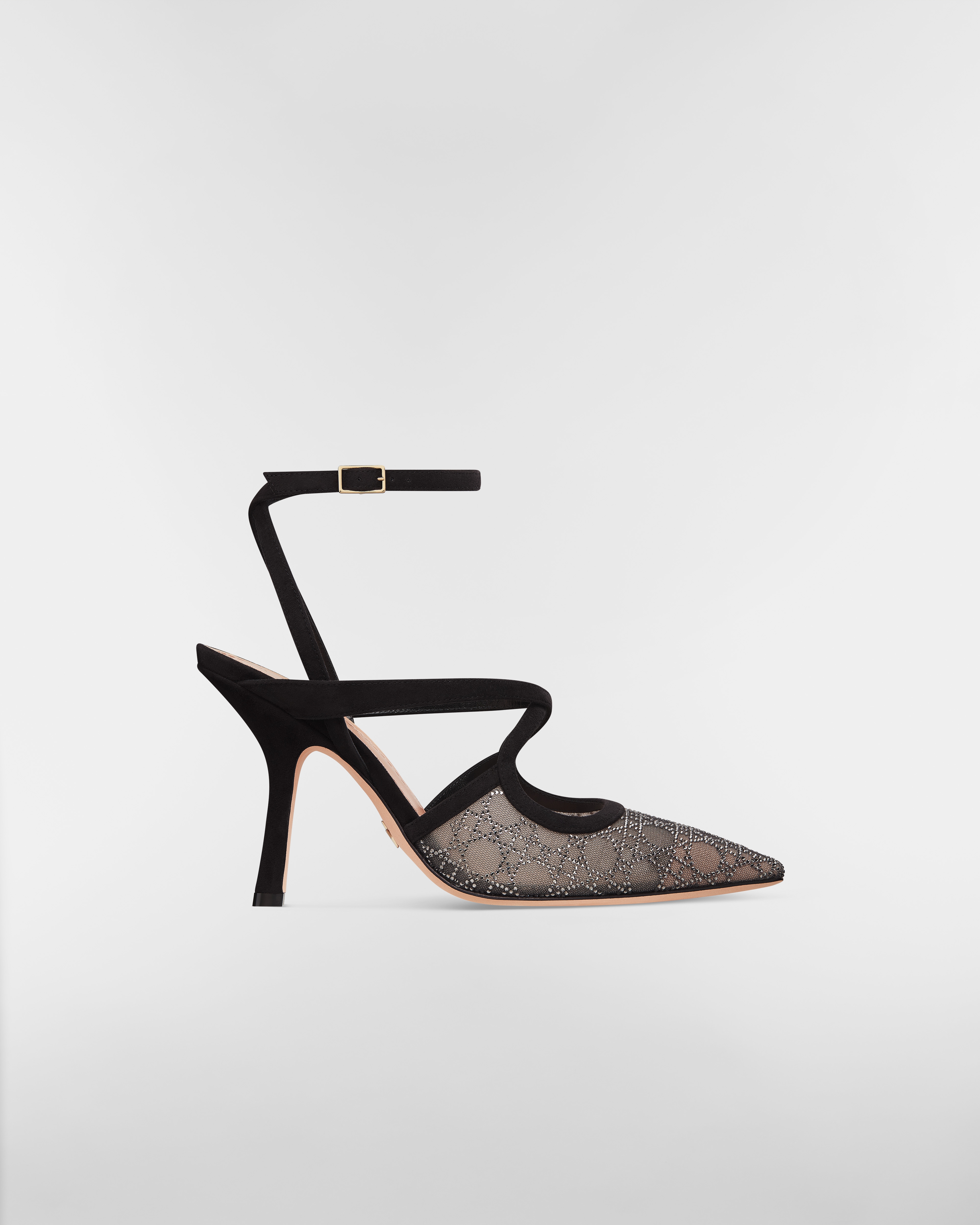 Dior Capture 高跟鞋 銀色水鑽 Cannage 籐格紋圖案黑色透明網布和黑色麂面山羊皮 E02