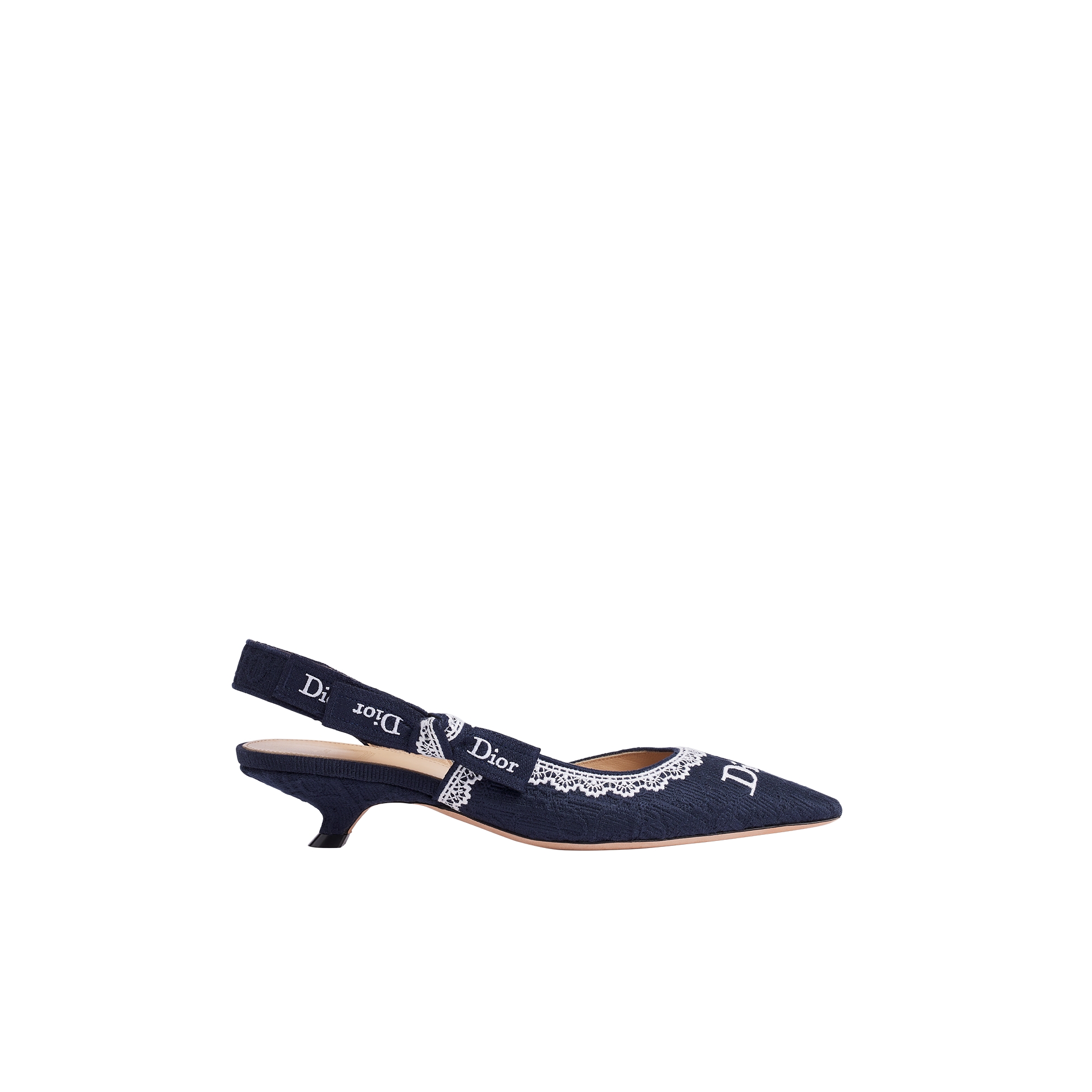 J'Adior Slingback Pump Blue Dior Oblique Embroidered Cotton and White Lace E02