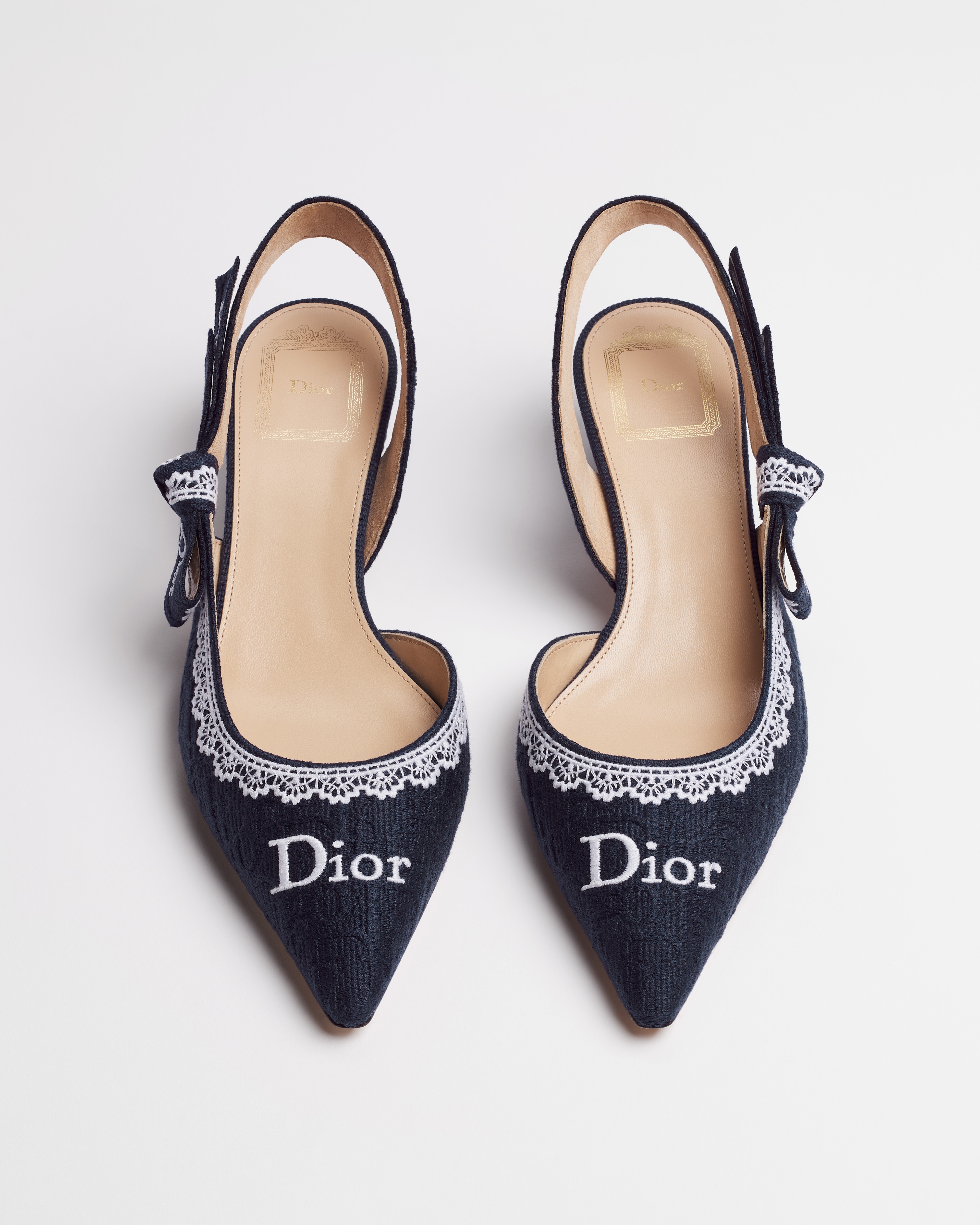 J'Adior 露跟高跟鞋 藍色 Dior Oblique 刺繡棉布與白色蕾絲 E06