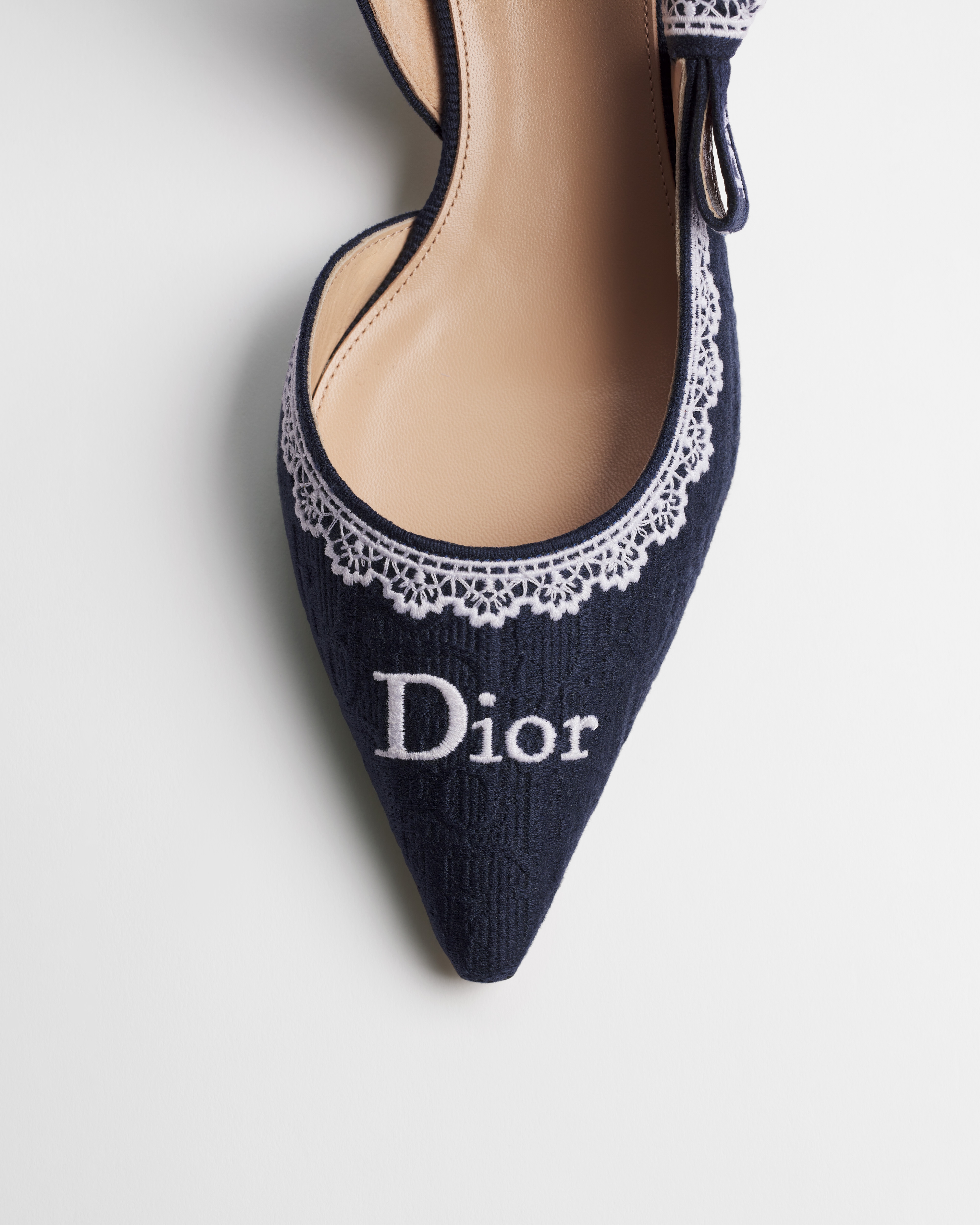 J'Adior 露跟高跟鞋 藍色 Dior Oblique 刺繡棉布與白色蕾絲 E10