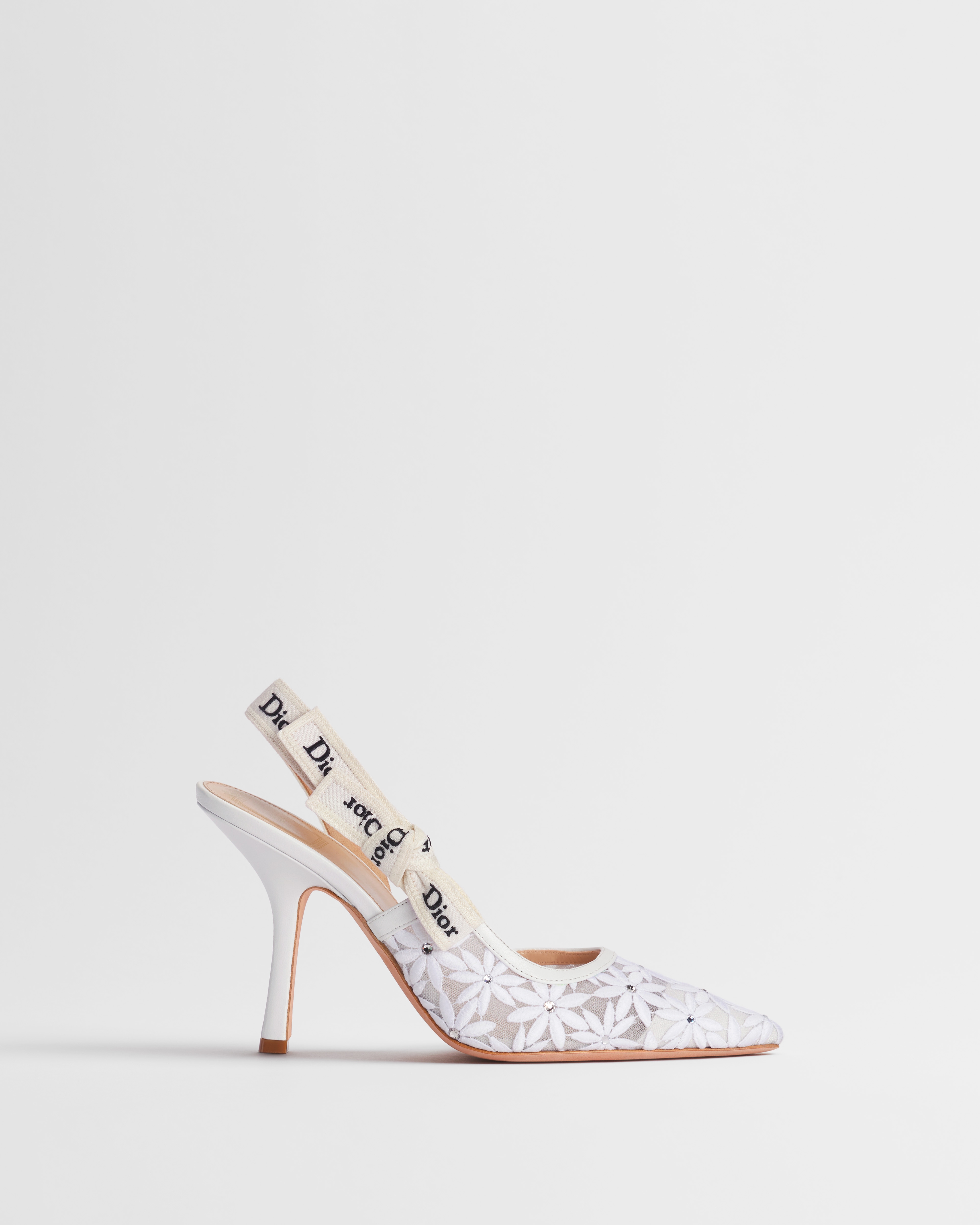 J'Adior Slingback Pump White Dior Daisy Embroidered Lace and Strass E02