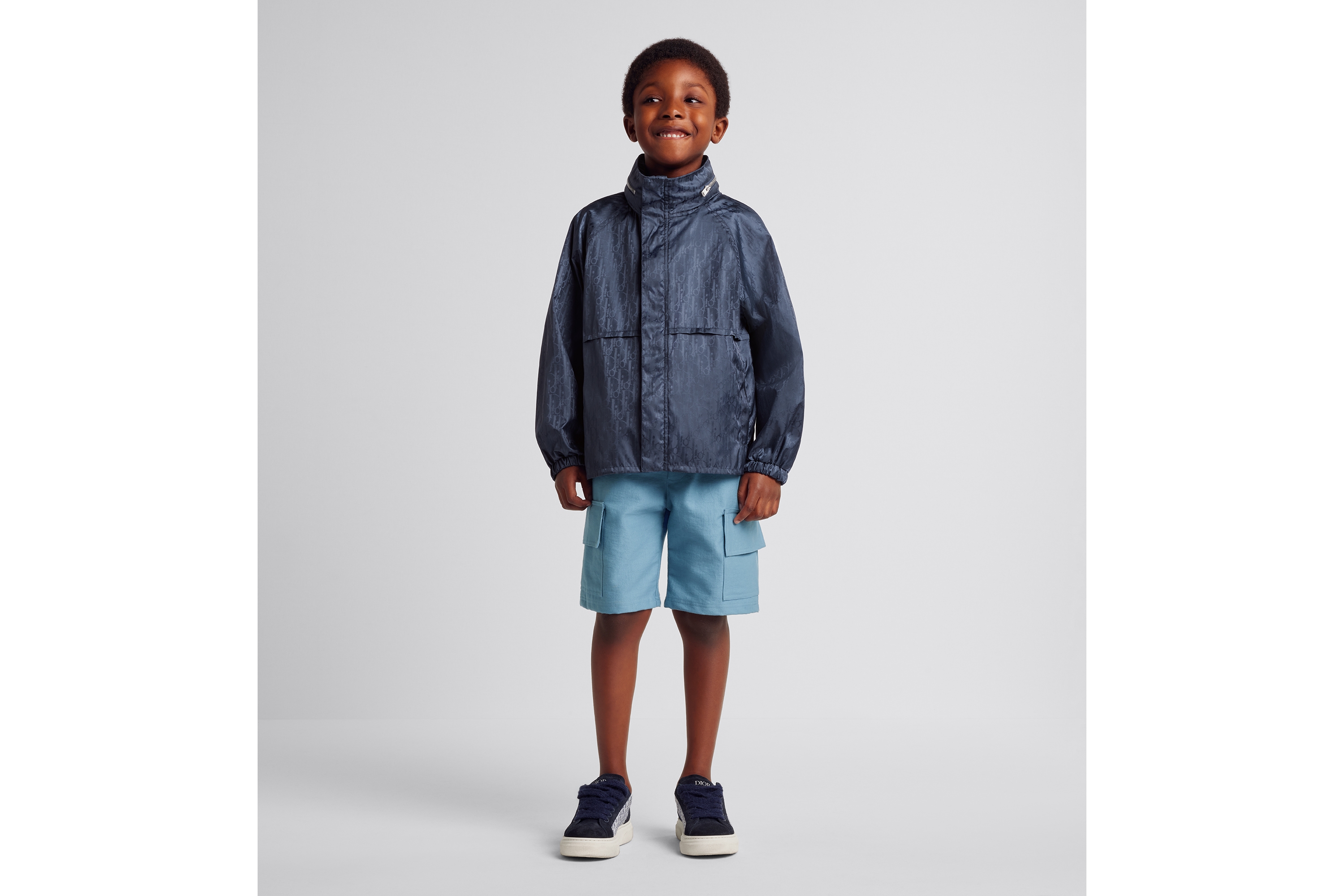 Look Kids' Hooded Windbreaker Navy Blue Dior Oblique Water-Repellent Technical Jacquard E01