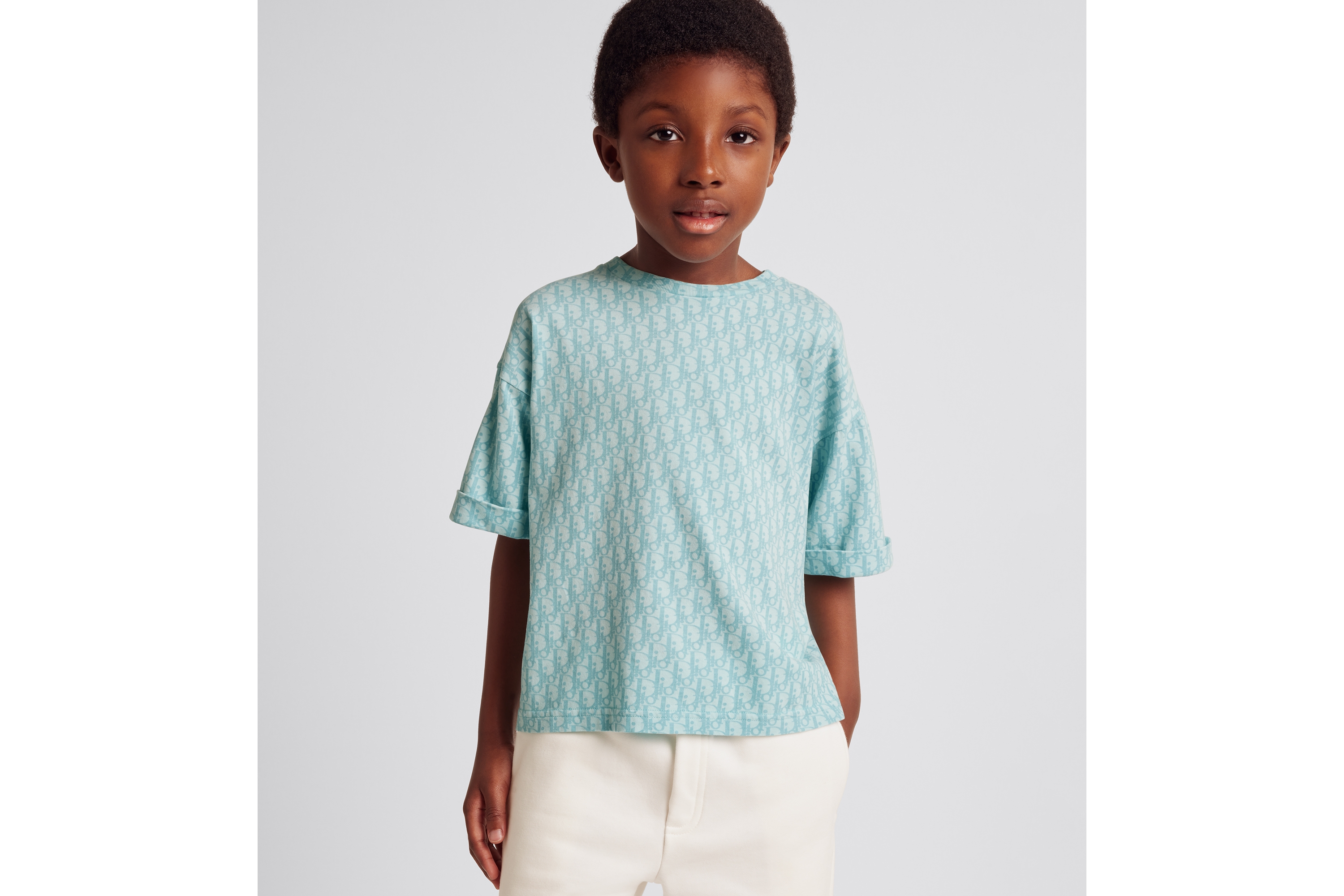 Look Kids' T-Shirt Blue Dior Oblique Cotton Jersey with Stonewashed Effect E08