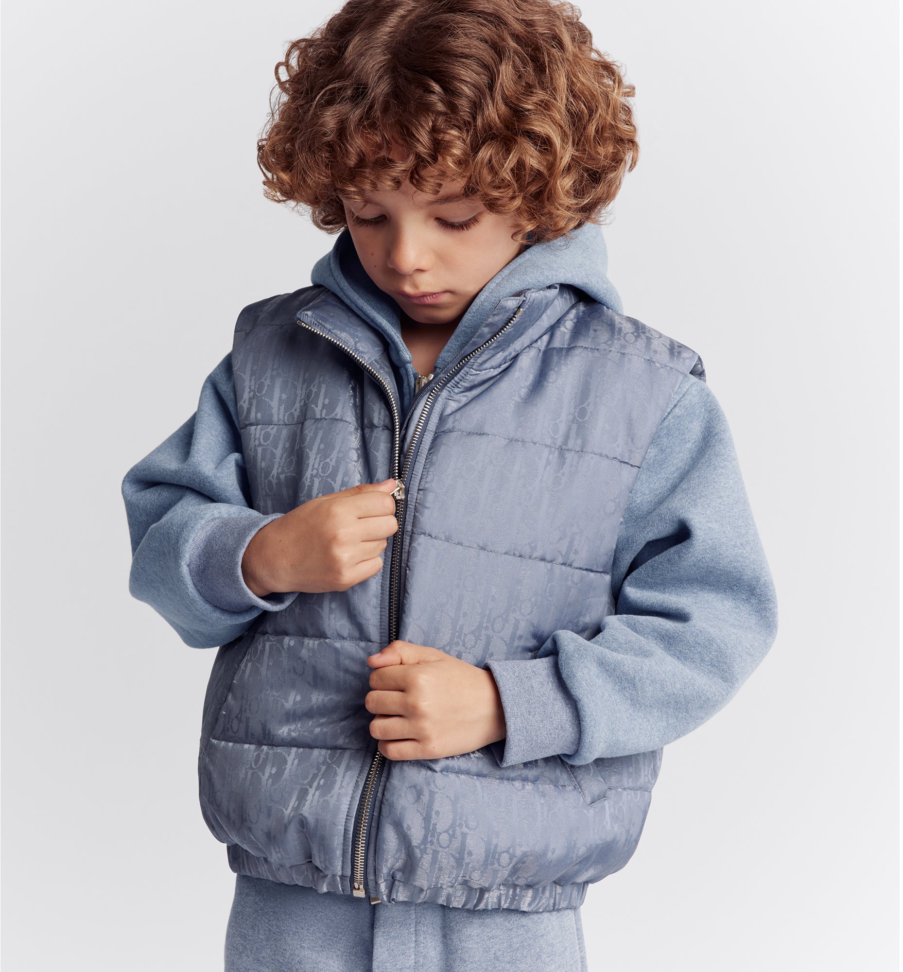Kids Puffer Vest Gray Blue Dior Oblique Water Repellent Technical Jacquard with Satin Finish DIOR