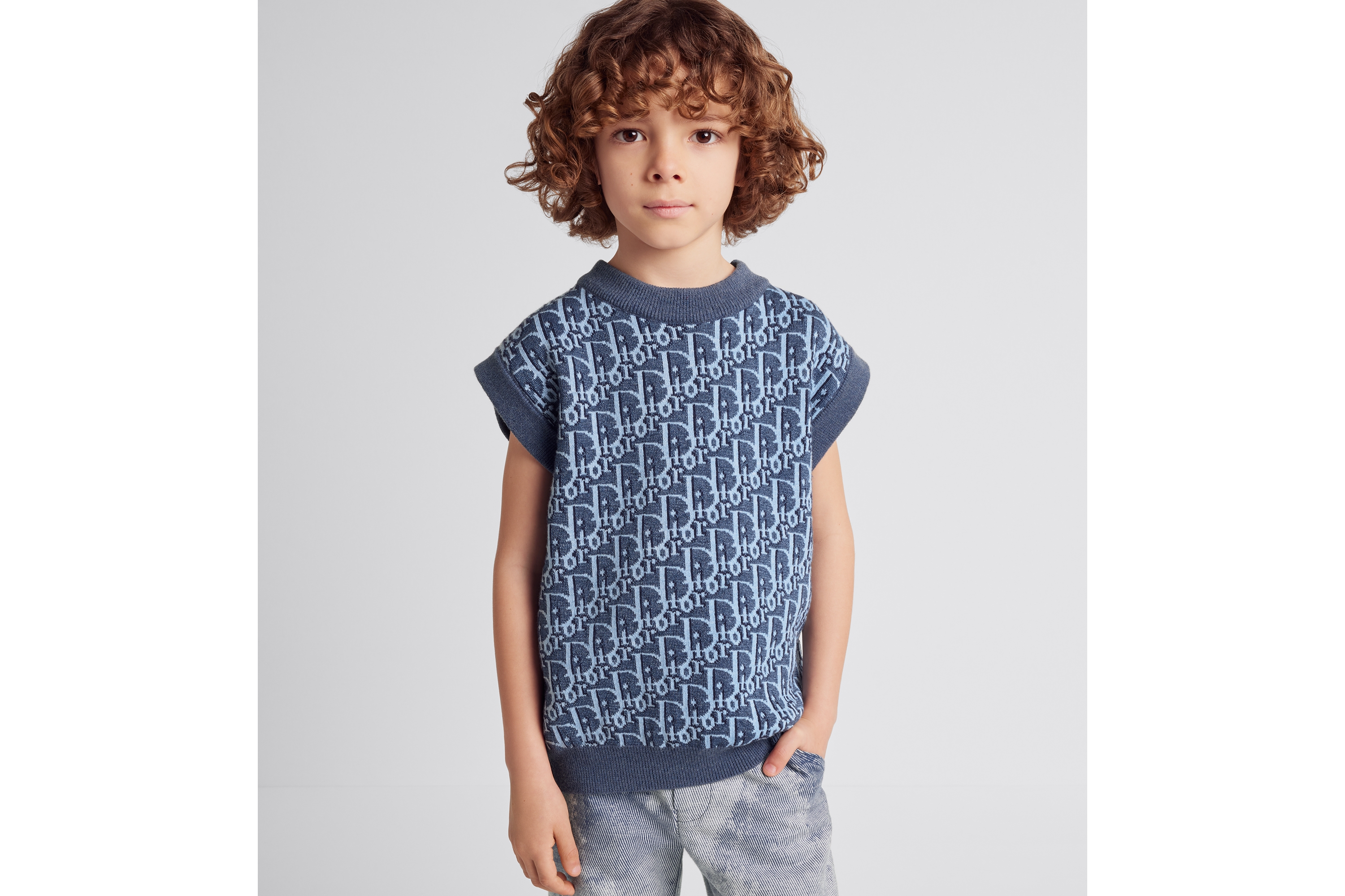 Look Kids' Sweater Vest Blue Dior Oblique Cotton and Hemp Knit Jacquard E08