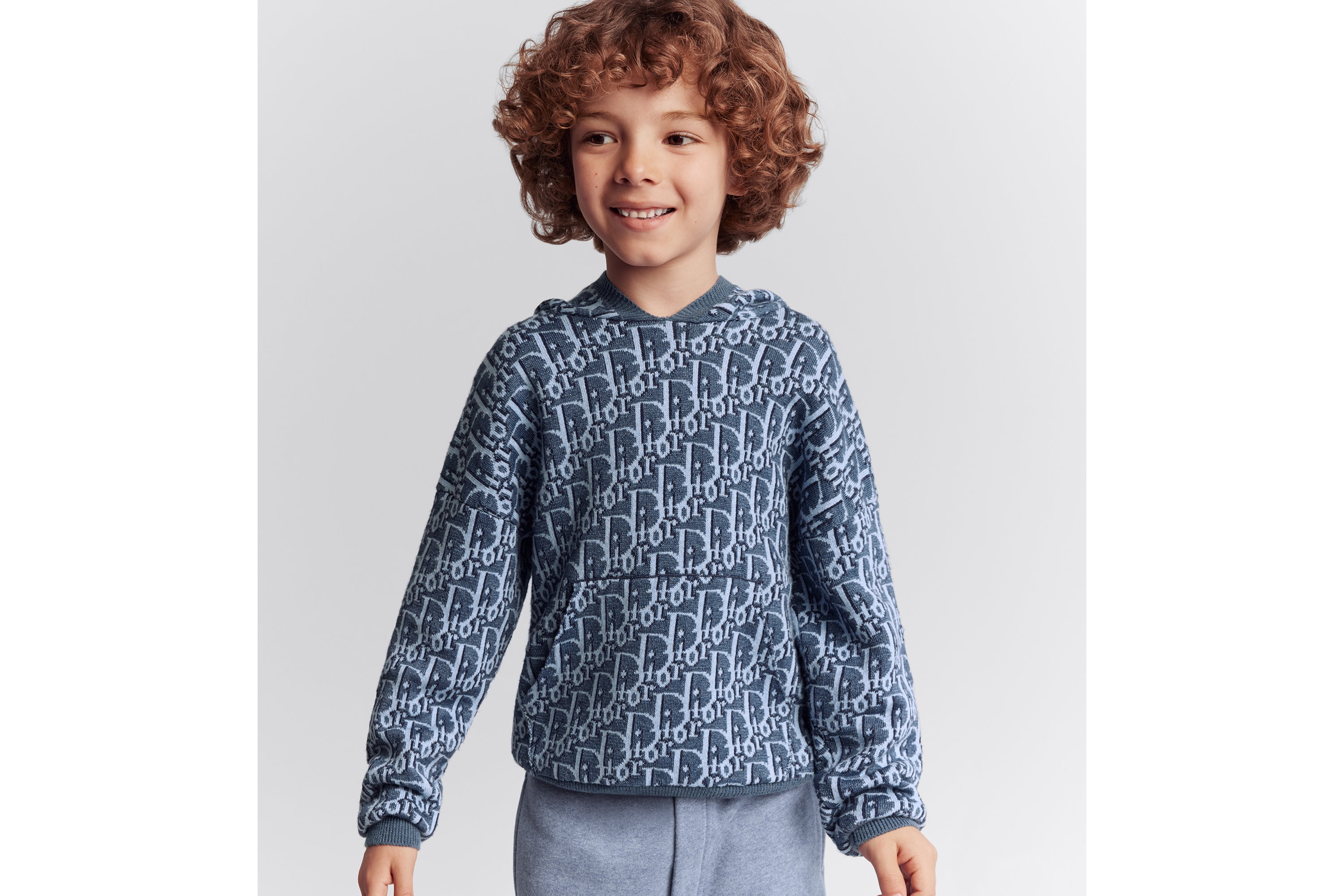 look_image_alt_prefix Kapuzenpullover für Kinder Dior Oblique Strickjacquard aus Baumwolle und Hanf in Blau E08