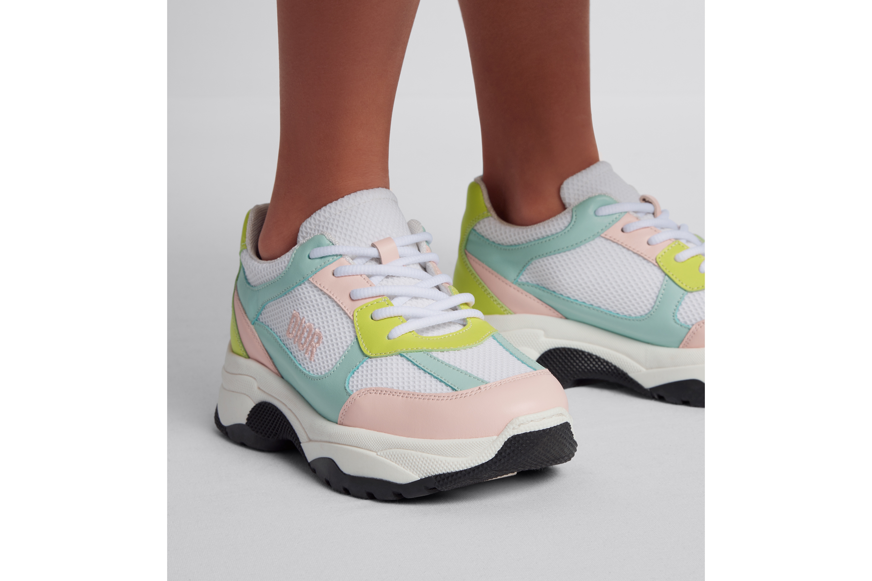 Look Kids' Low-Top Sneaker Pale Pink, Light Blue and Apple Green Calfskin with White Mesh E24
