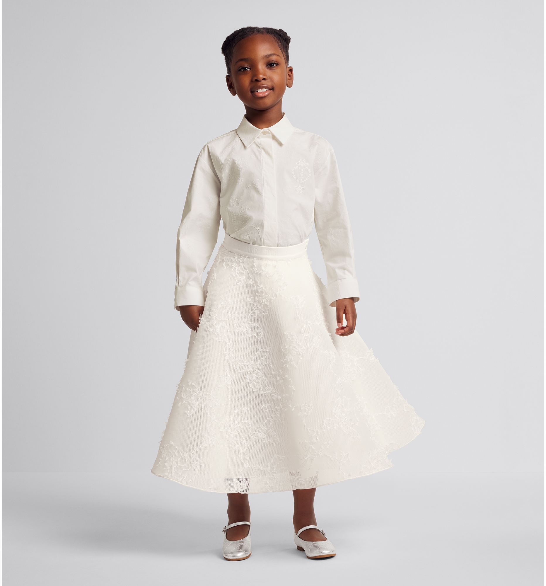 Kids Long Skirt Ivory Floral Mesh and Tulle DIOR