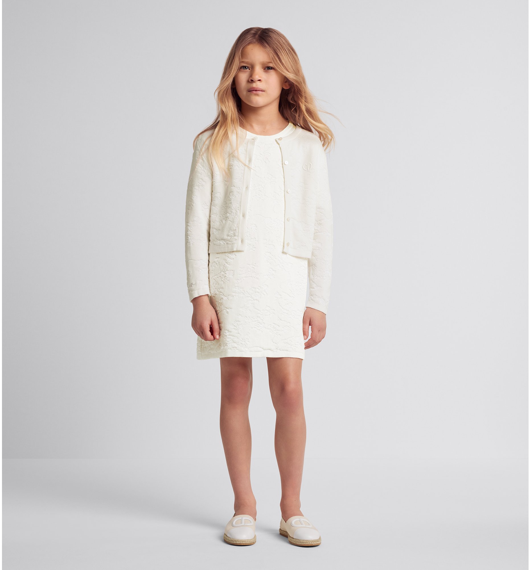 Kids Cardigan Ivory Cotton Blend Knit with Shiny Toile de Jouy Jacquard DIOR