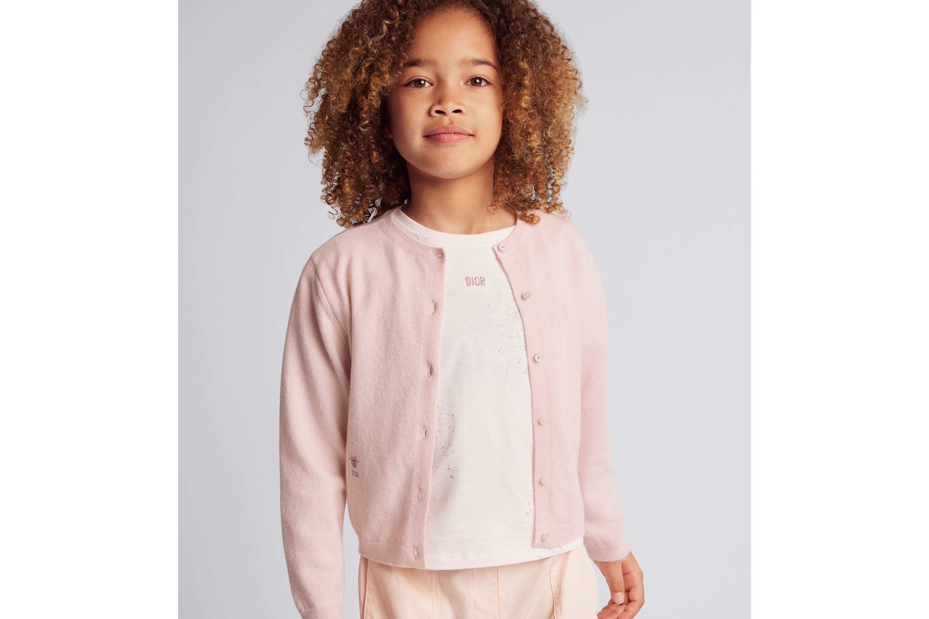 童裝開襟衫 淡粉紅色羊毛和羊絨織物 E02