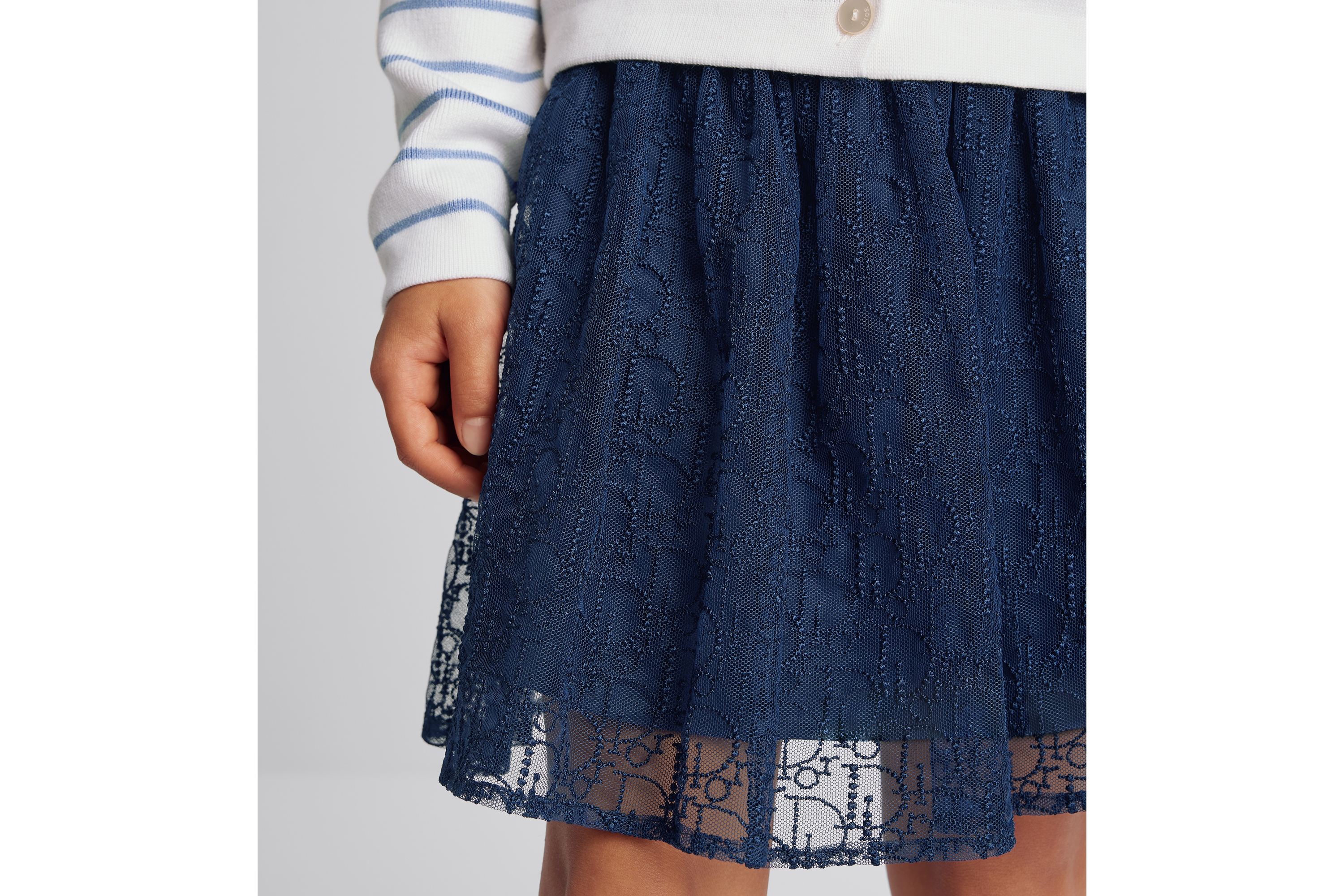 Look Kids' Short Skirt Navy Blue Embroidered Tulle with Dior Oblique Pearls Motif E15