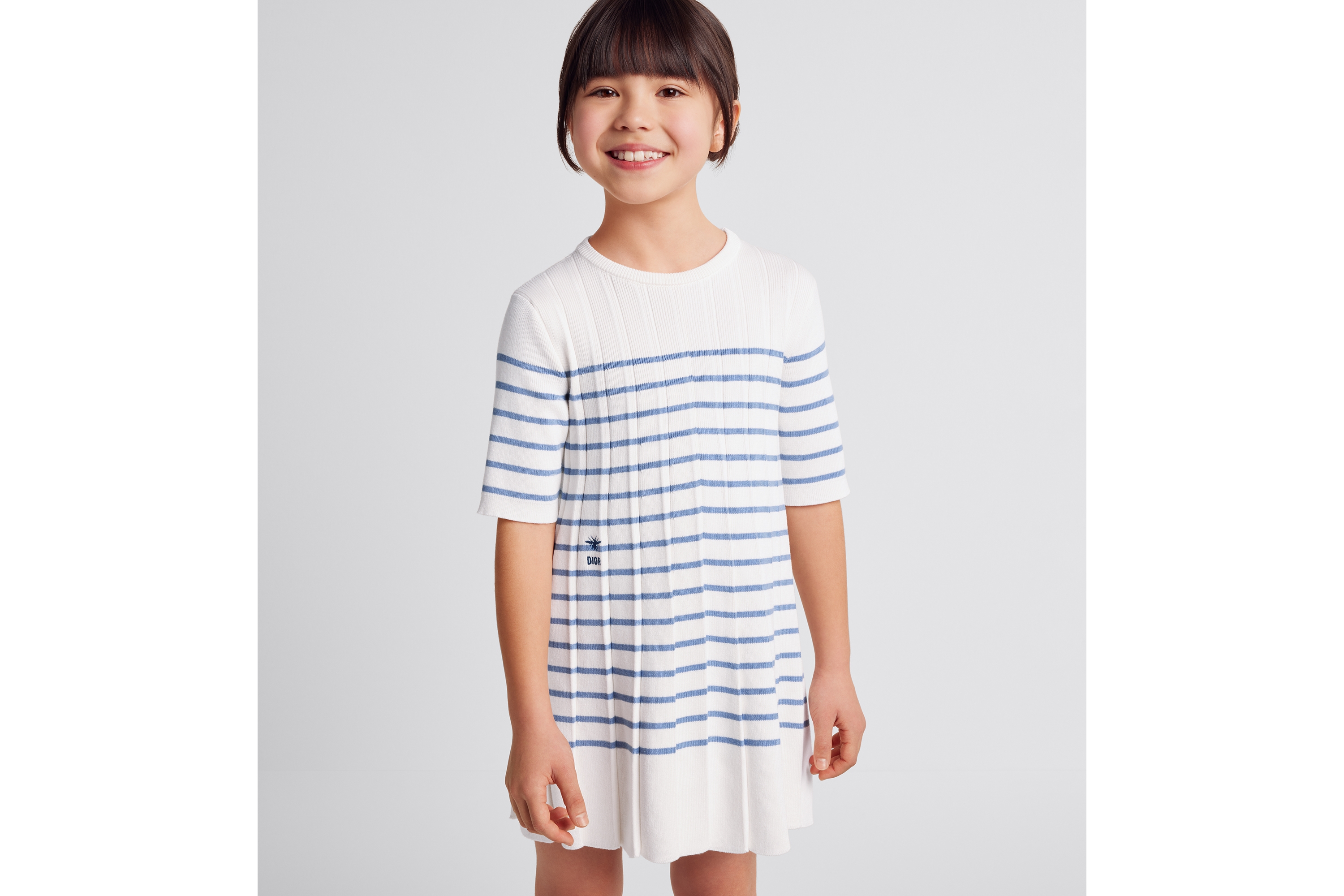 Look Kids' Flared Dress Ivory Cotton and Cashmere Pleated Knit with Blue Stripes E08