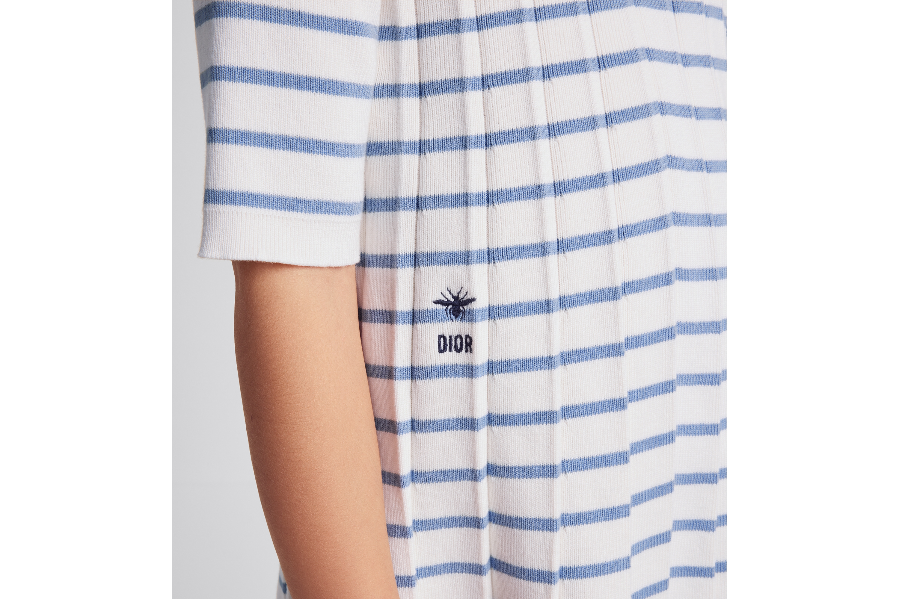 Look Kids' Flared Dress Ivory Cotton and Cashmere Pleated Knit with Blue Stripes E09