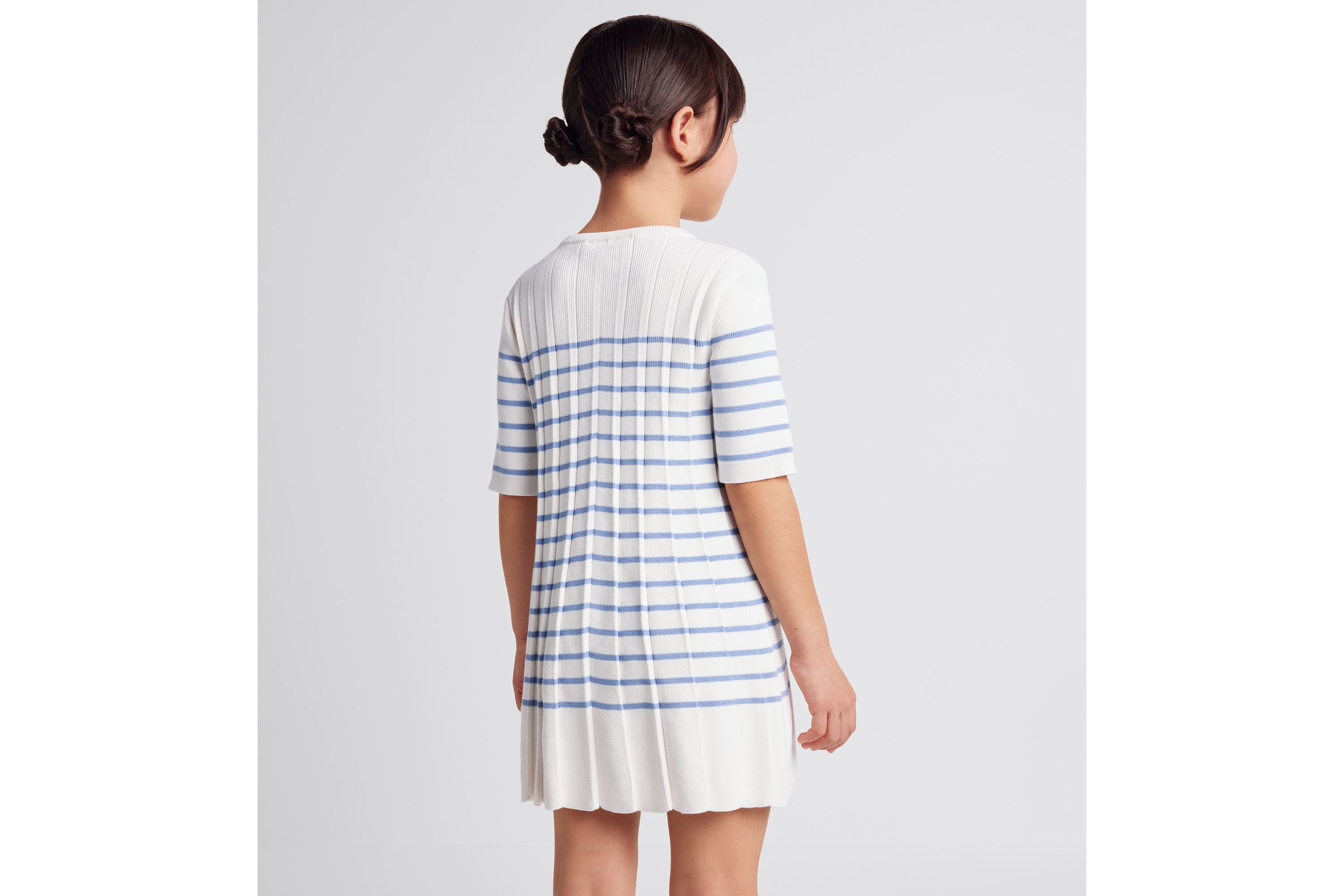 Look Kids' Flared Dress Ivory Cotton and Cashmere Pleated Knit with Blue Stripes E10