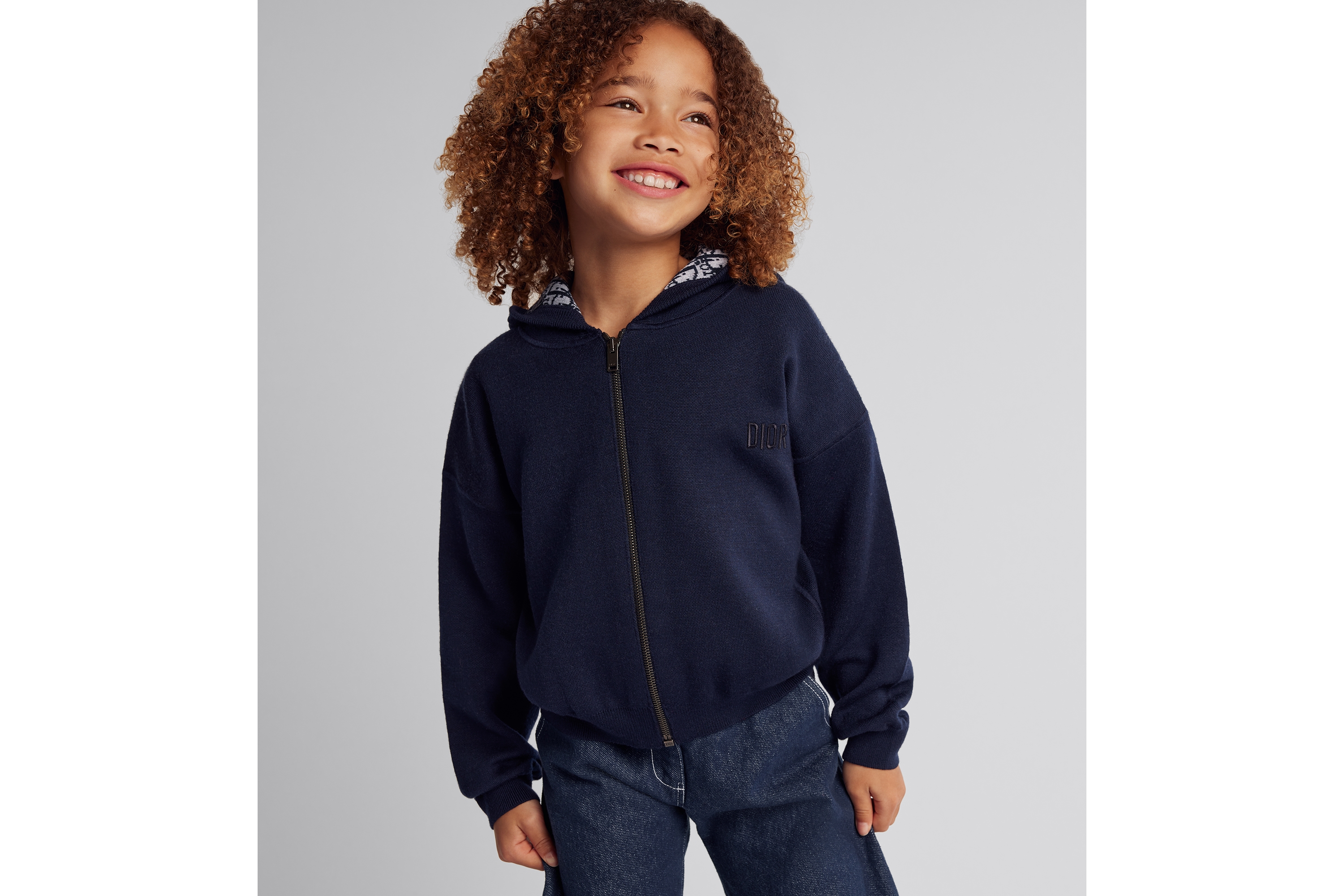 Look Kids' Reversible Zipped Cardigan with Hood Navy Blue Wool Knit with Ivory and Blue Dior Oblique Jacquard E08